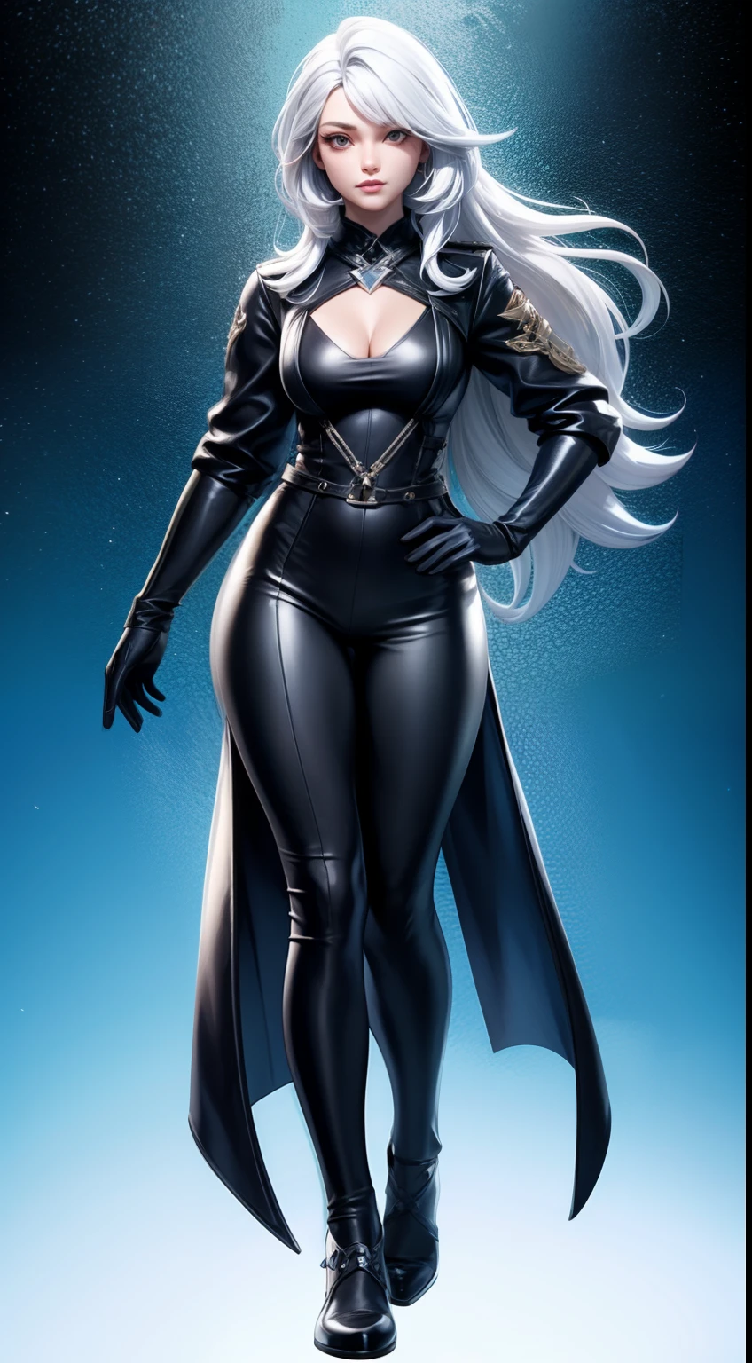 Black cat from marvel, realistic, age 25, pure white skin, blue pupils, white long hair, perfect face, perfect shape body, large breasts, black suit, black mask, 8k hd, posing to viewer.