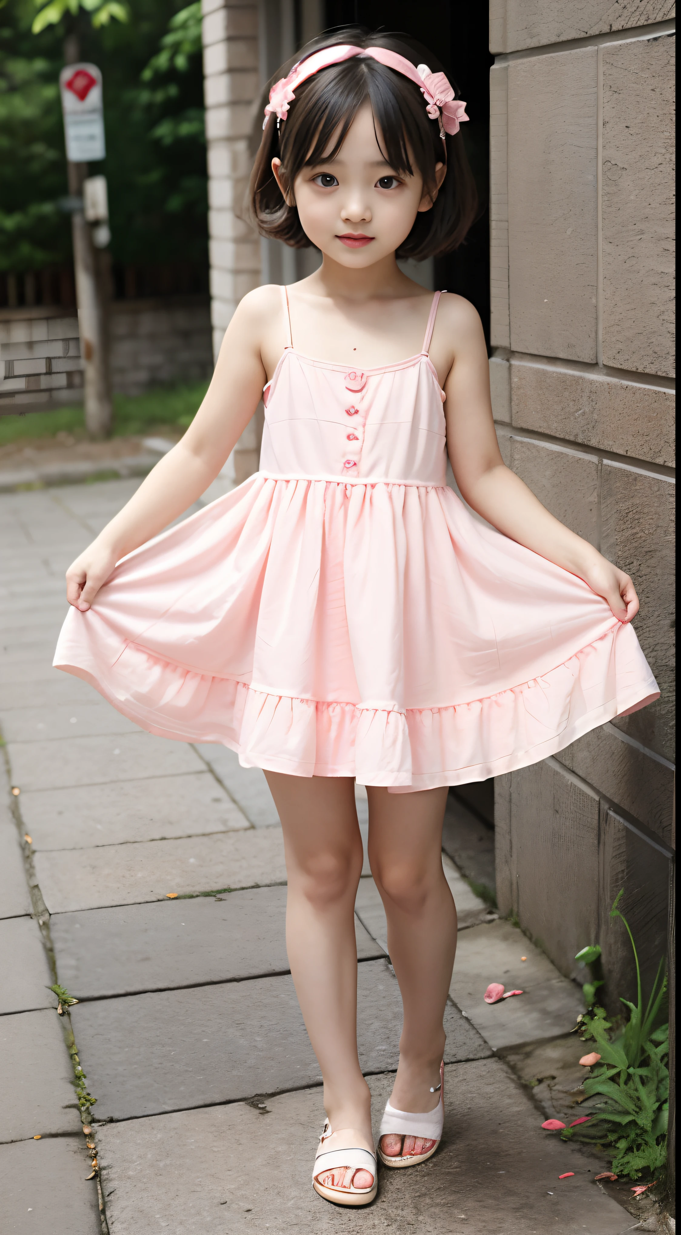 li, lo face, loli body, flat chest, standing, full body, short hair, short dress, pink summer dress, pink dress, pink nighty gown