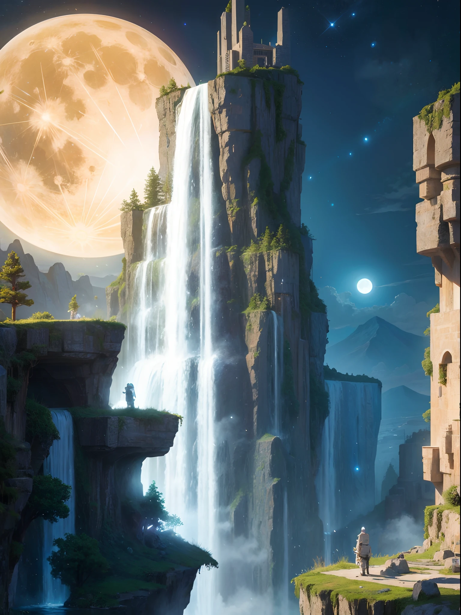 Artificial Waterfall at the moon surface, astronaut are standing there and see the waterfall at the moon surface, fantasy art, best quality, masterpiece collection, rendered by Nvidia