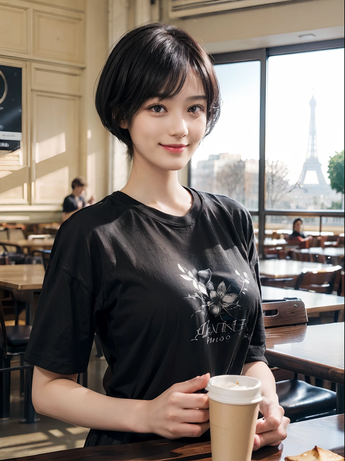(((Black Shorthair:1.2))), (Wearing a T-shirt2a person), (T-shirt design), (Floral clothing), (Breast bulge),((Being in a cafeteria in Paris)), (A hyper-realistic), (Relaxed), (Increased resolution), (8KUHD), (Extremely detailed), (Best Illustration), (Beautiful and detailed eyes), (Best Quality), (ultra-detailliert), (masutepiece ), ( Wallpaper), (Detailed face), Fine details, Deep Shadows, lowkey, Smiling, Large cafeteria, (There are many customers)