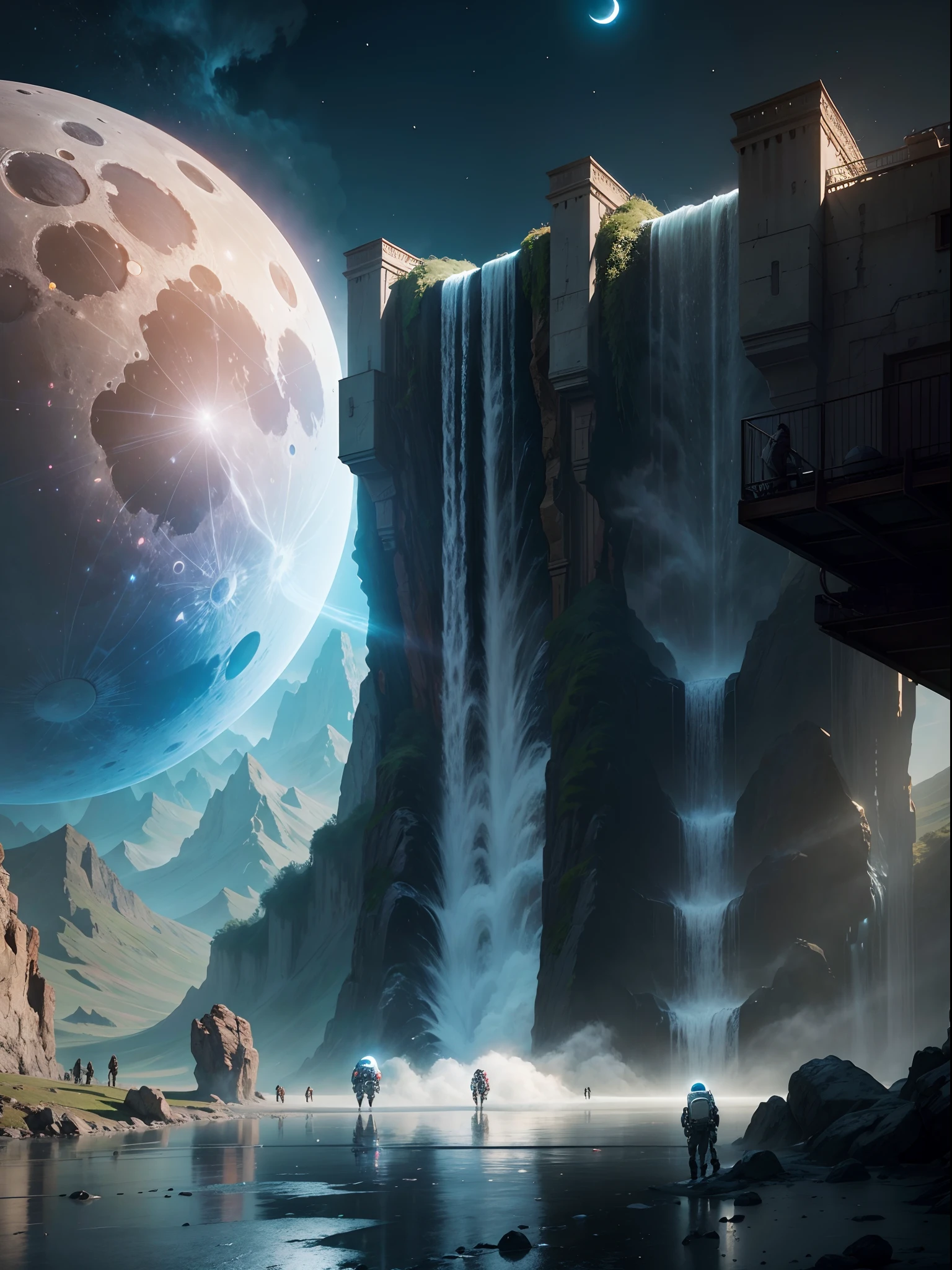 Artificial Waterfall at the moon surface, astronaut are standing there and see the waterfall at the moon surface, fantasy art, best quality, masterpiece collection, rendered by Nvidia