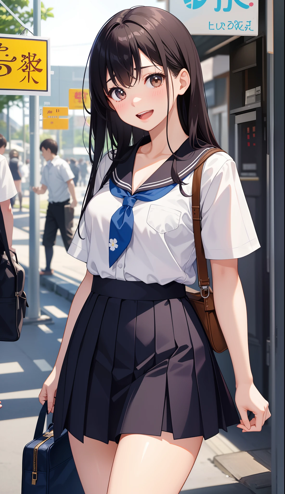 1girl in、AS-Adult、A smile、The shirt、skirt by the、（small tits）Chilarism、Japan High School Student Uniform、serafuku、summer clothing、（Sheer Bra）、Upper body portrait、the wind、