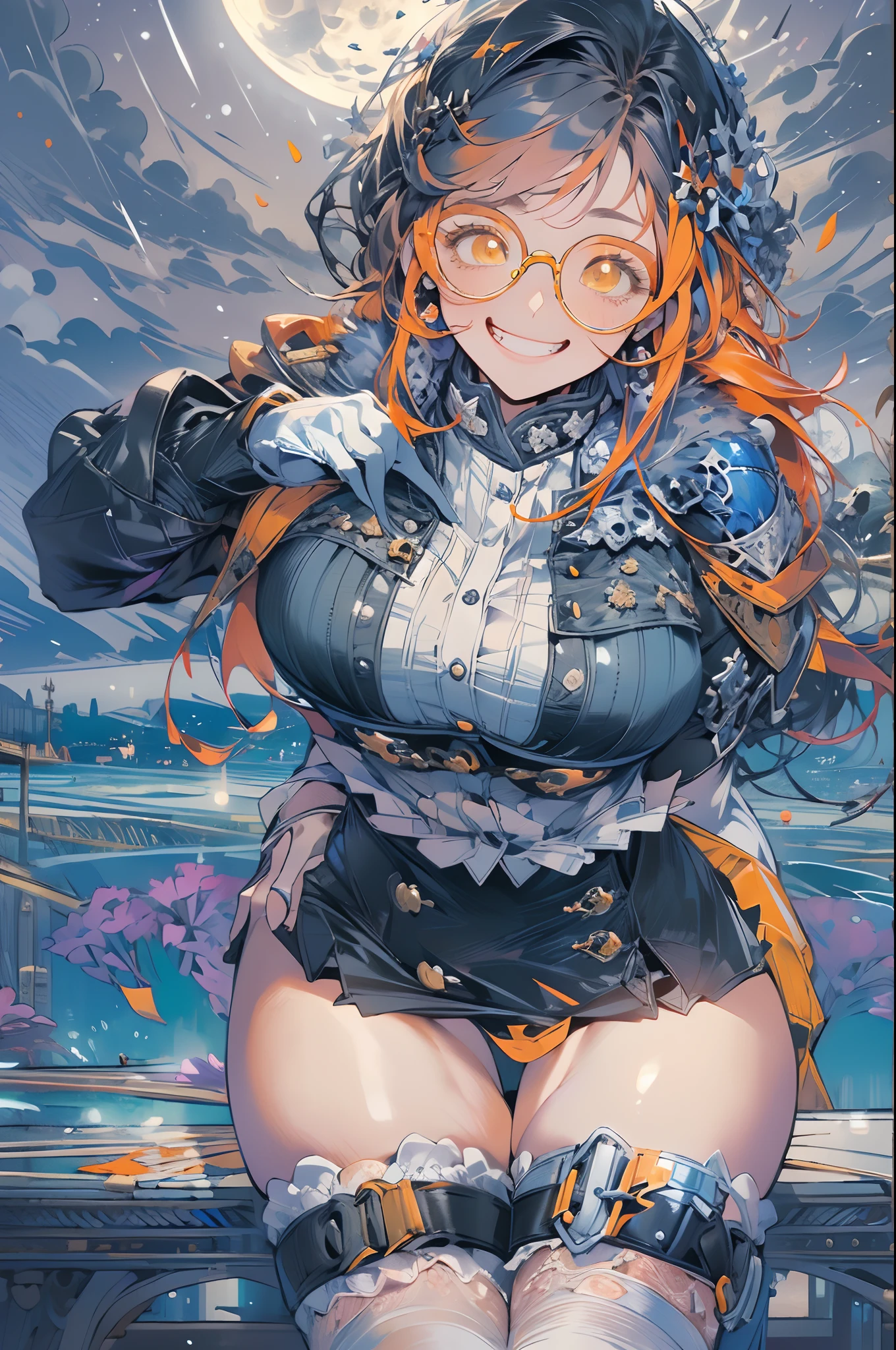 (Masterpiece, Best quality:1.2), Egg mother, view the viewer, Smile, Skirt, upper legs, mitts, Detailed night sky, Moonlight, cinecamera, Jacket, Thighs, Glasses, teeth, black thighhigns, White gloves, Black skirt, Orange hair, grin, (Large breasts:1.6), Thick thighs, goggles, colored glasses, Blue glasses