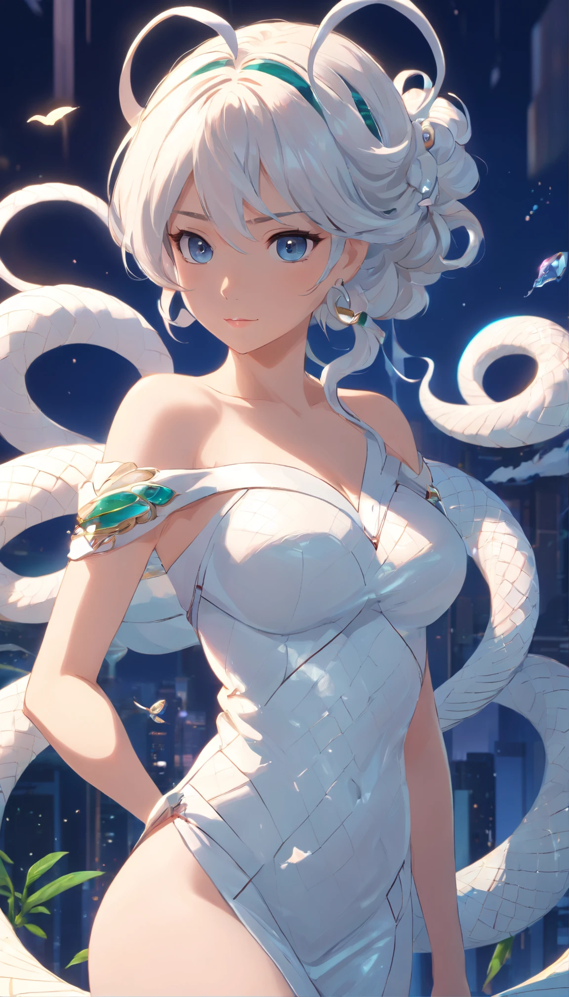 Pixar style super cute anthropomorphic white snake, Large breasts,cleavage,Off-the-shoulder attire,Dai Han costume and crystal crown, standing, Charming big eyes, Cute tail, standing, Surreal, Super fine, Luxurious, Graceful standing, Charming big eyes, Cute tail, standing, Surreal, Super detailed, Luxurious, elegant, complex, Gorgeous, illusory engine, Octane rendering, 8K, Frey surrealism