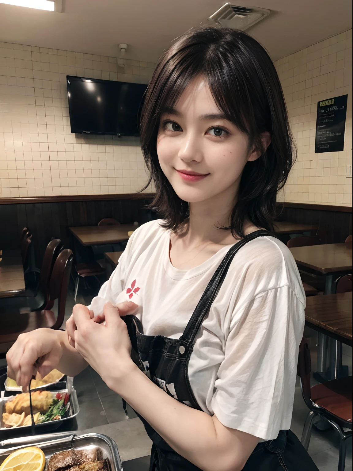 (((Black Shorthair:1.2))), (Wearing a T-shirt2a person), (T-shirt design), (Floral clothing), (Breast bulge),((Being in a cafeteria in Paris)), (A hyper-realistic), (Relaxed), (Increased resolution), (8KUHD), (Extremely detailed), (Best Illustration), (Beautiful and detailed eyes), (Best Quality), (ultra-detailliert), (masutepiece ), ( Wallpaper), (Detailed face), Fine details, Deep Shadows, lowkey, Smiling, Large cafeteria, (There are many customers)
