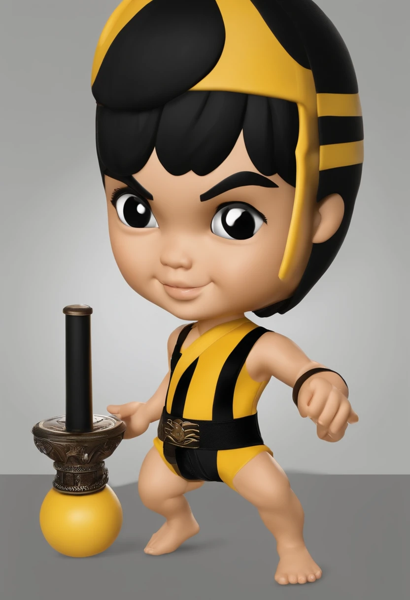 Create baby Bruce Lee，Baby's body proportions，Wearing the movie《Game of Death》in clothes，Yellow with black stripes，The left hand is opened in front of the palm，Hold the nunchucks in your right hand，The nunchucks are held in the hand on one side，One side is clamped under the armpit，fully body photo