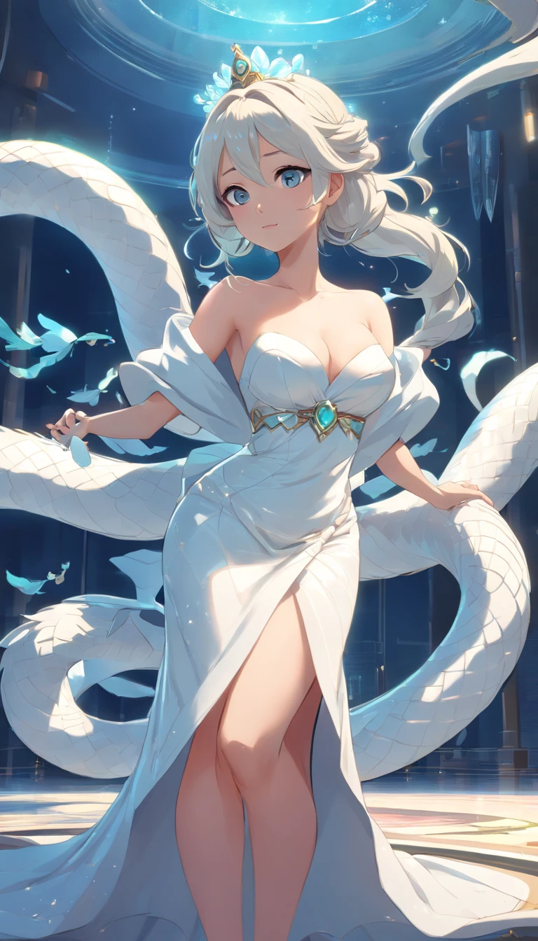 Pixar style super cute anthropomorphic white snake, Large breasts,cleavage,Off-the-shoulder attire,Daihan costume and crystal crown, standing, Charming big eyes, Cute tail, standing, Surreal, Super fine, Luxurious, Graceful standing, Charming big eyes, Cute tail, standing, Surreal, Super detailed, Luxurious, elegant, complex, Gorgeous, illusory engine, Octane rendering, 8K, Frey surrealism