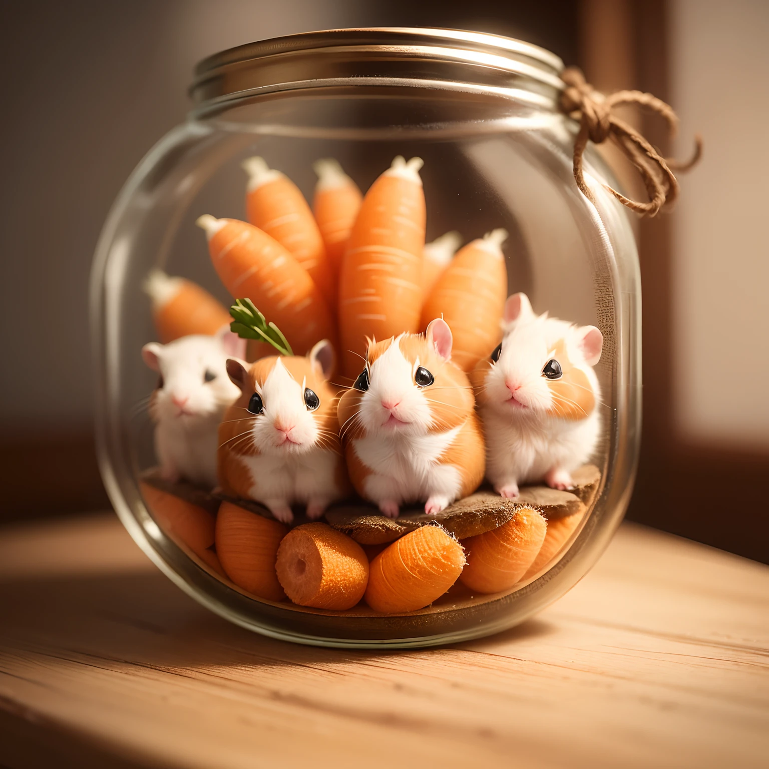 a cute tiny guinea pigs in a jar,jar with a label"antidepresants", soft fur,small creature,tiny paws, sitting, laying, jumping, sleeping rating carrot,quirky personality, various fur colors,best quality,ultra-detailed,realistic, studio lighting,bokeh,colorful background.