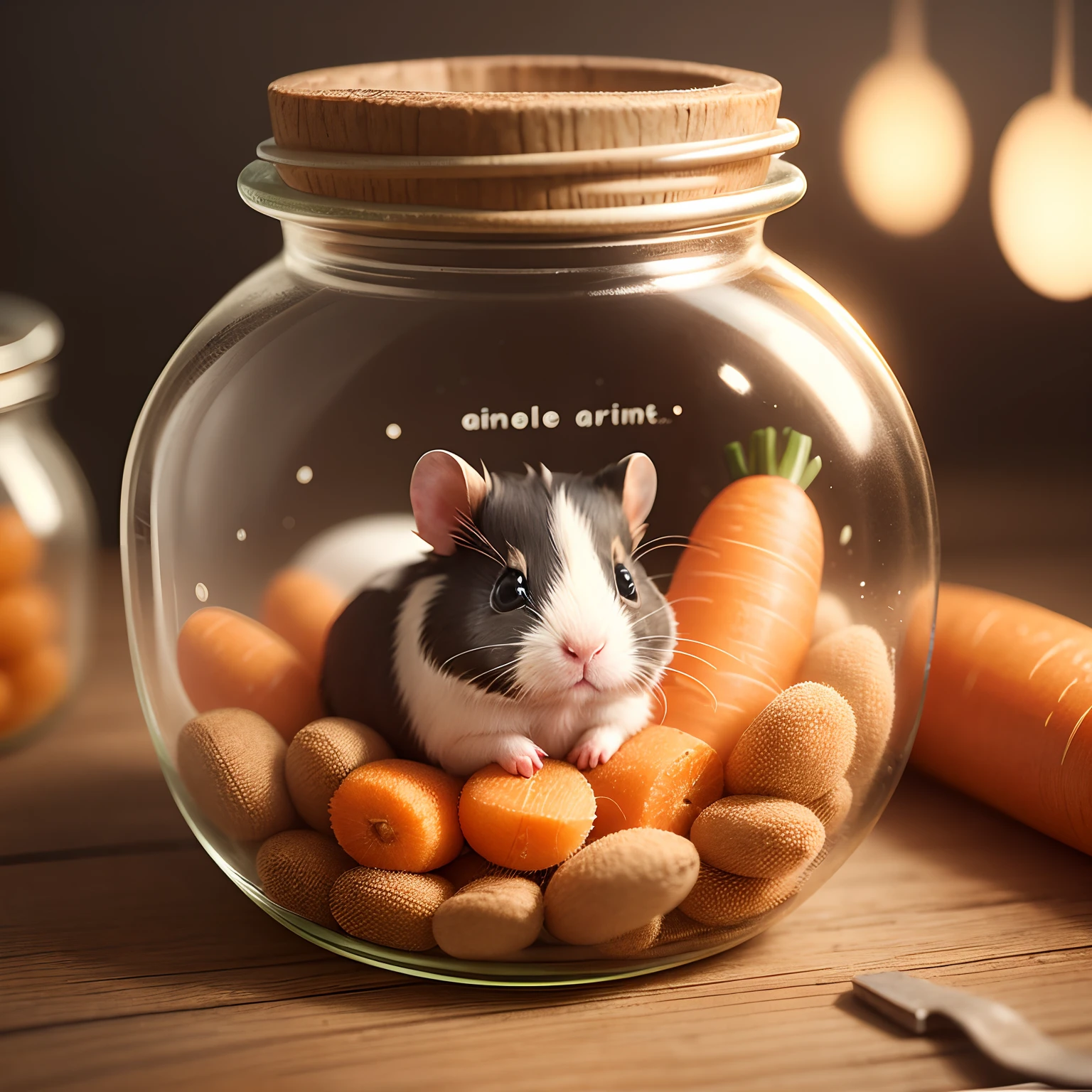 a cute tiny guinea pigs in a jar,jar with a label"antidepresants", soft fur,small creature,tiny paws, sitting, laying, jumping, sleeping rating carrot,quirky personality, various fur colors,best quality,ultra-detailed,realistic, studio lighting,bokeh,colorful background.