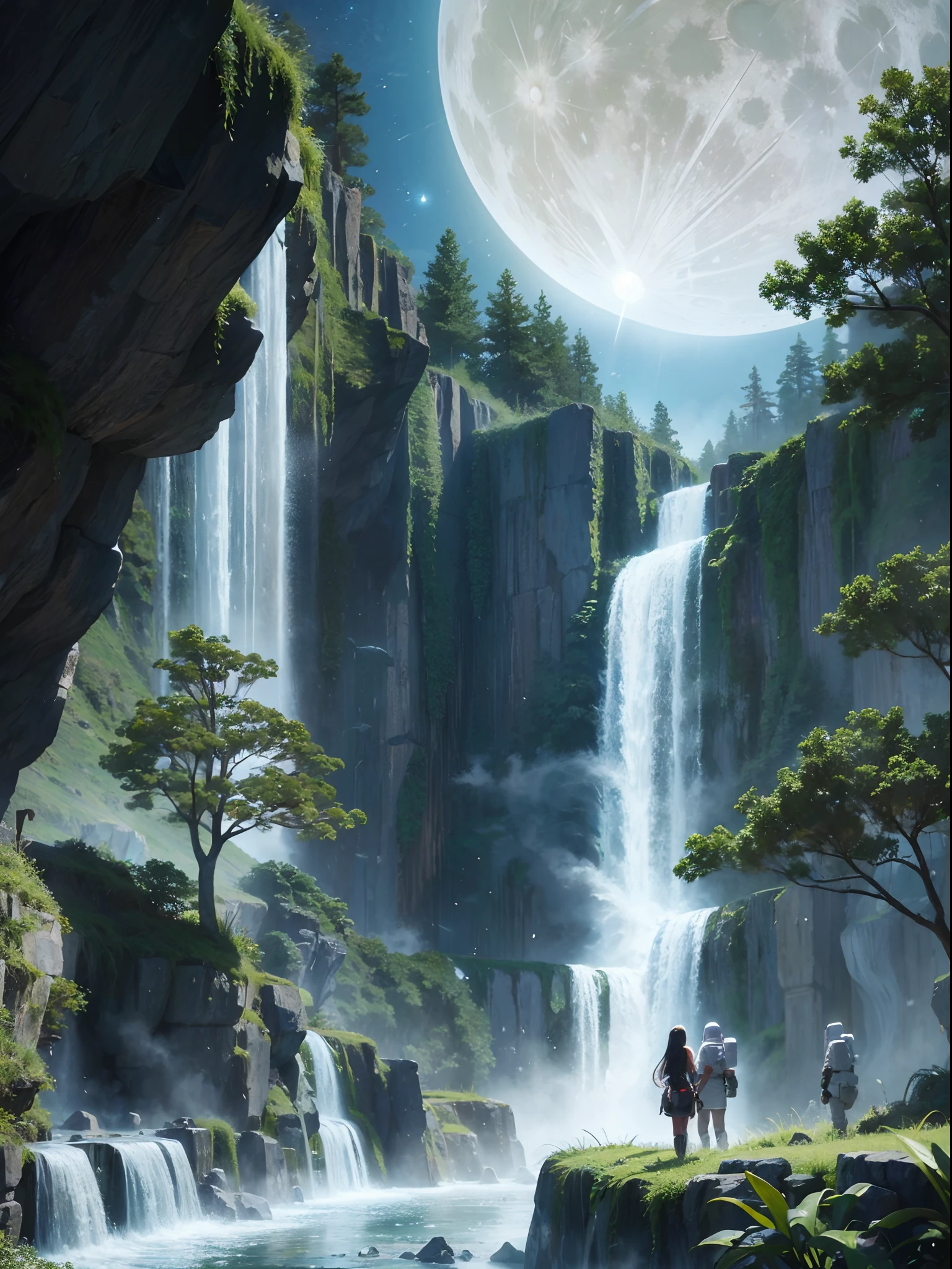 Artificial Waterfall at the moon surface, astronaut are closely standing around the waterfalland see the waterfall at the moon surface, fantasy art, best quality, masterpiece collection, rendered by Nvidia