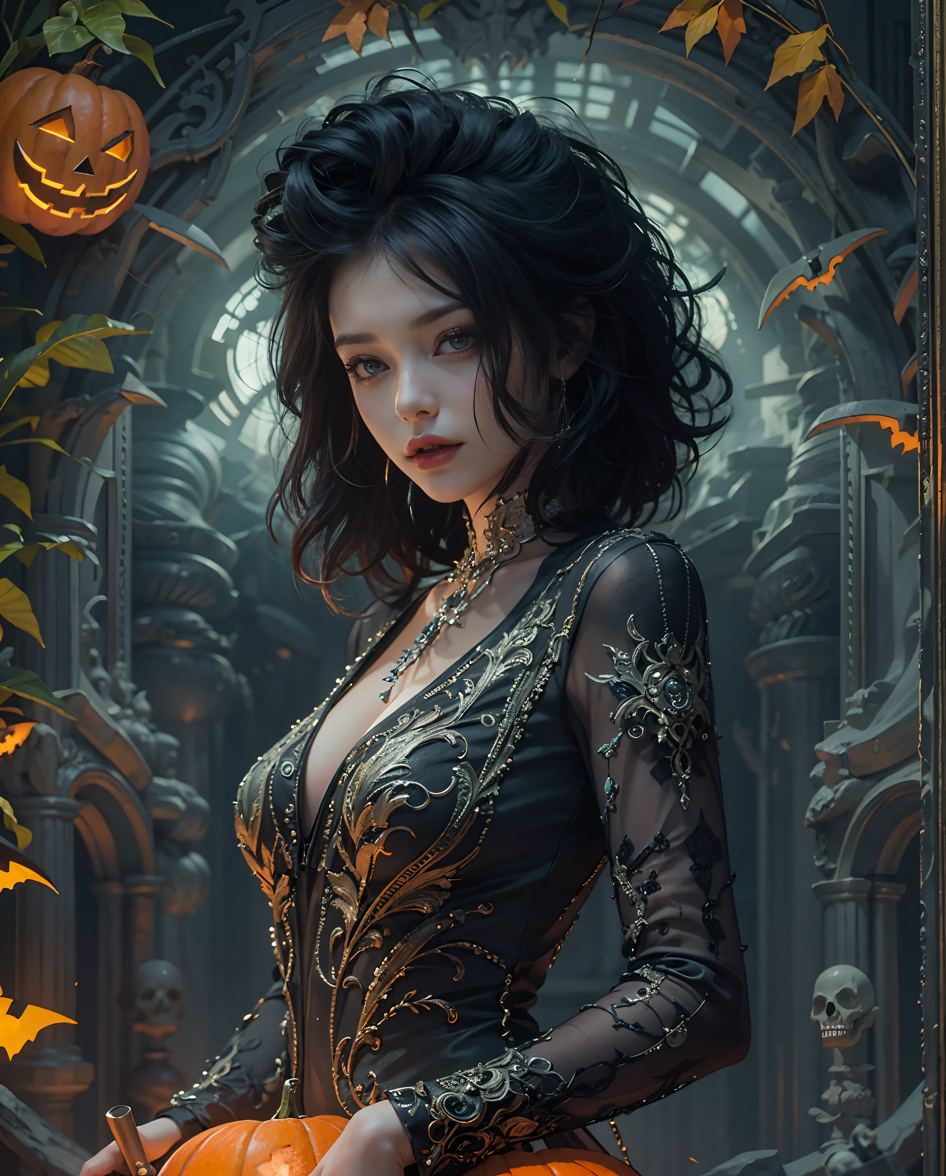 Best quality, masterpiece, meticulous details, intricate detail, realistic, a hot futuristic lady amidst spooky halloween vibes