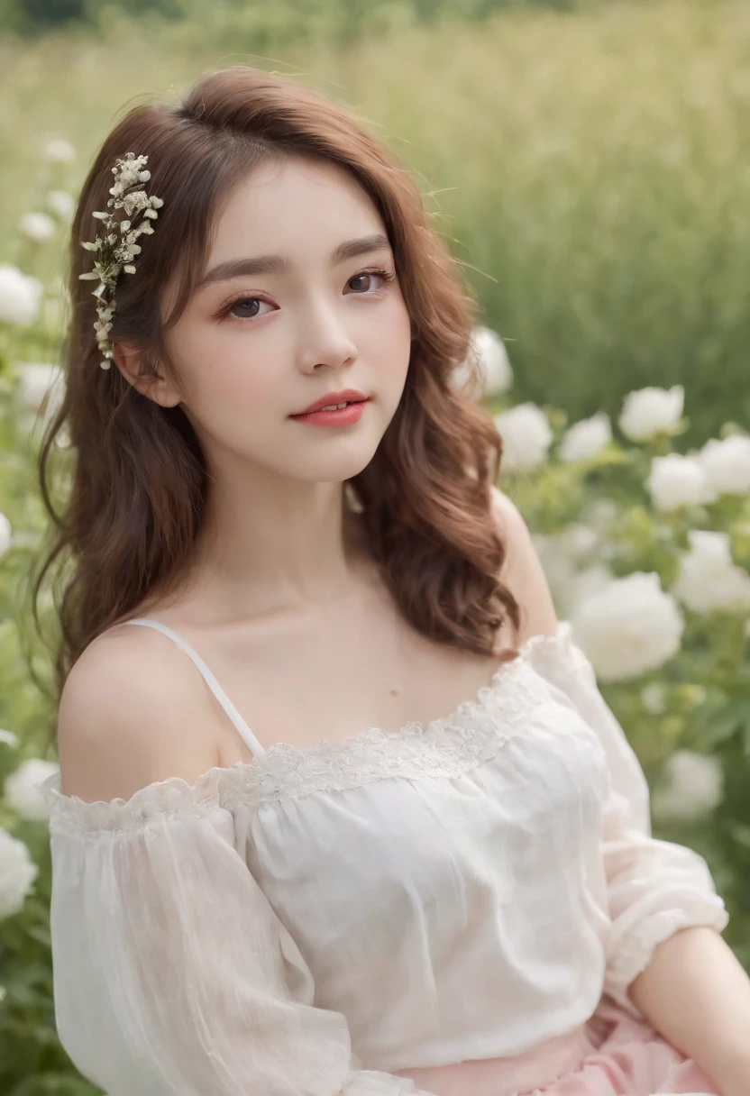 masterpiece, best quality, ultra high res, 1girl, (photorealistic:1.5), natural lighting, perfect artwork, portrait, beautiful, detailed puffy eyes, small breasts, young, detailed eyes, curly hair, light brown hair, cute, adorable, streaked hair, (aegyo sal:1), enchanting smile, necklace, full body, kpop idol, teen, Chinese, , nature, blush, red peony flower garden, peony, blossom, flower hair ornament, grass, pleated skirt, barefoot, white pleated skirt, skinny thigh