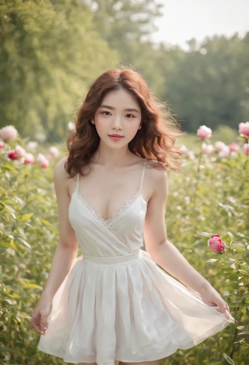 (Ultra-realistic), (Best illustrations), (Increase the resolution), (8k), (masterpiece), (wallpaper), alone, 1 girl, Looking at the audience, Brown long hair、See-through bangs、Pure Erotic Face Ace_v1, Smile, Light pink dress, Pasture、Flower Field
