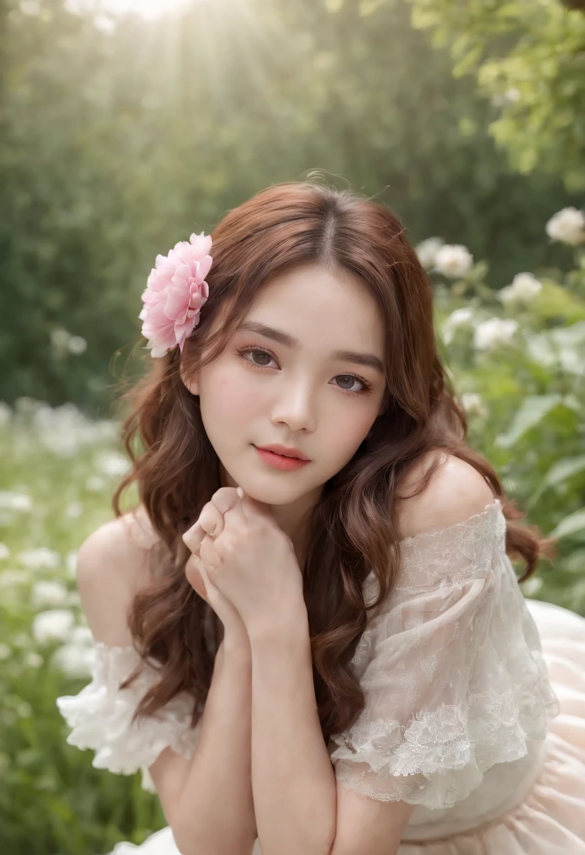 masterpiece, best quality, ultra high res, 1girl, (photorealistic:1.5), natural lighting, perfect artwork, portrait, beautiful, detailed puffy eyes, small breasts, young, detailed eyes, curly hair, light brown hair, cute, adorable, streaked hair, (aegyo sal:1), enchanting smile, necklace, full body, kpop idol, teen, Chinese, 16 years old, nature, blush, red peony flower garden, peony, blossom, flower hair ornament, grass, pleated skirt, barefoot, white pleated skirt, skinny thigh
