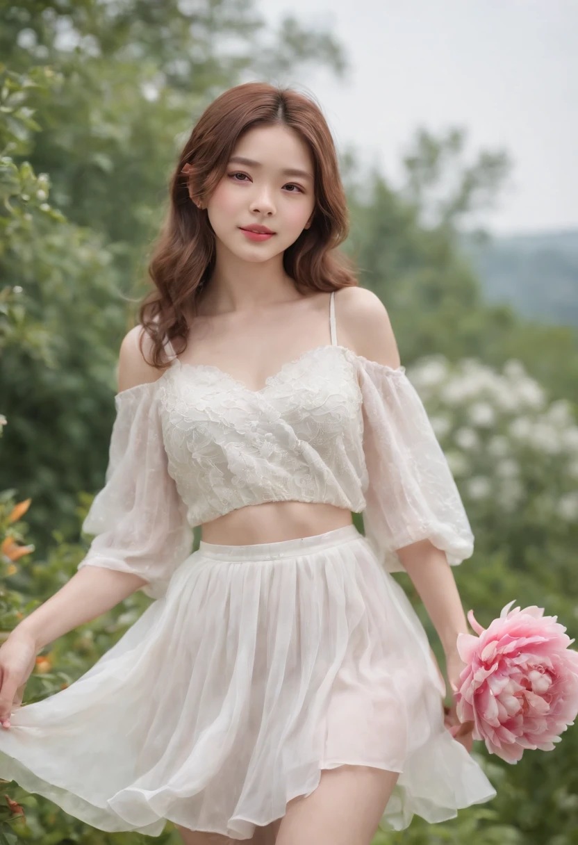 masterpiece, best quality, ultra high res, 1girl, (photorealistic:1.5), natural lighting, perfect artwork, portrait, beautiful, detailed puffy eyes, small breasts, young, detailed eyes, curly hair, light brown hair, cute, adorable, streaked hair, (aegyo sal:1), enchanting smile, necklace, full body, kpop idol, teen, Chinese, 16 years old, nature, blush, red peony flower garden, peony, blossom, flower hair ornament, grass, pleated skirt, barefoot, white pleated skirt, skinny thigh
