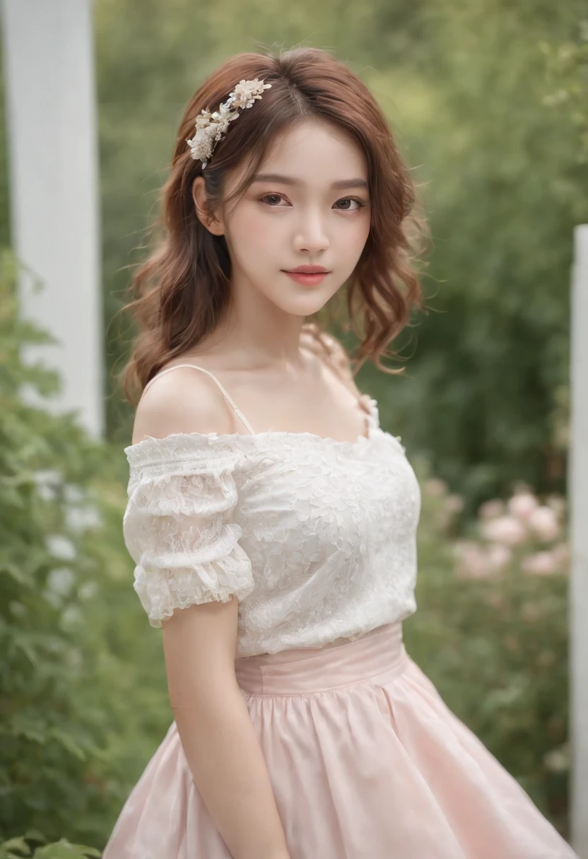 masterpiece, best quality, ultra high res, 1girl, (photorealistic:1.5), natural lighting, perfect artwork, portrait, beautiful, detailed puffy eyes, small breasts, young, detailed eyes, curly hair, light brown hair, cute, adorable, streaked hair, (aegyo sal:1), enchanting smile, necklace, full body, kpop idol, teen, Chinese, 16 years old, nature, blush, red peony flower garden, peony, blossom, flower hair ornament, grass, pleated skirt, barefoot, white pleated skirt, skinny thigh