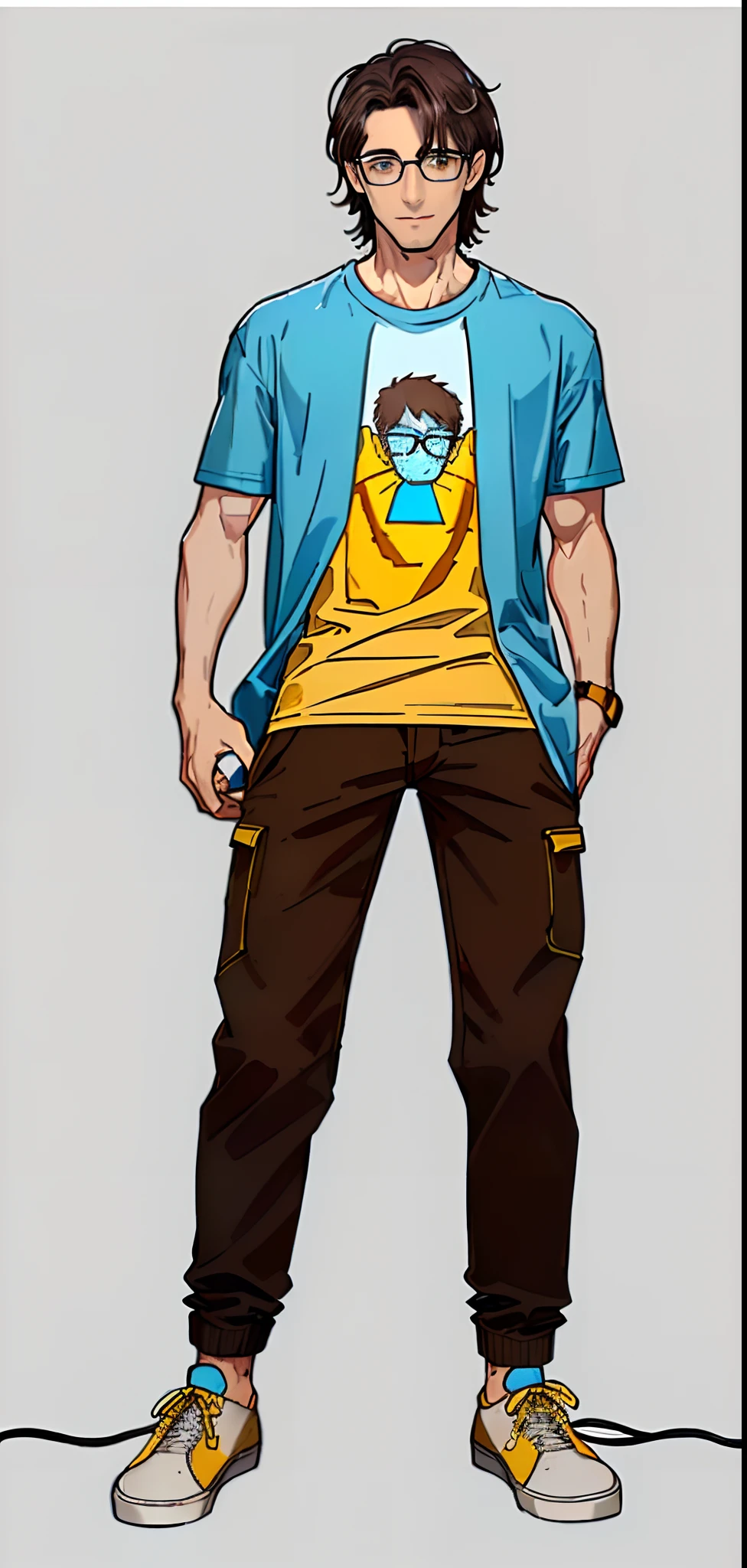 (high quality, clear, detailed:1.2),white background,a man (grey eyes, dark hair, stubble, wearing glasses),((yellow t-shirt, light blue shirt outer, dark pants, brown shoes))