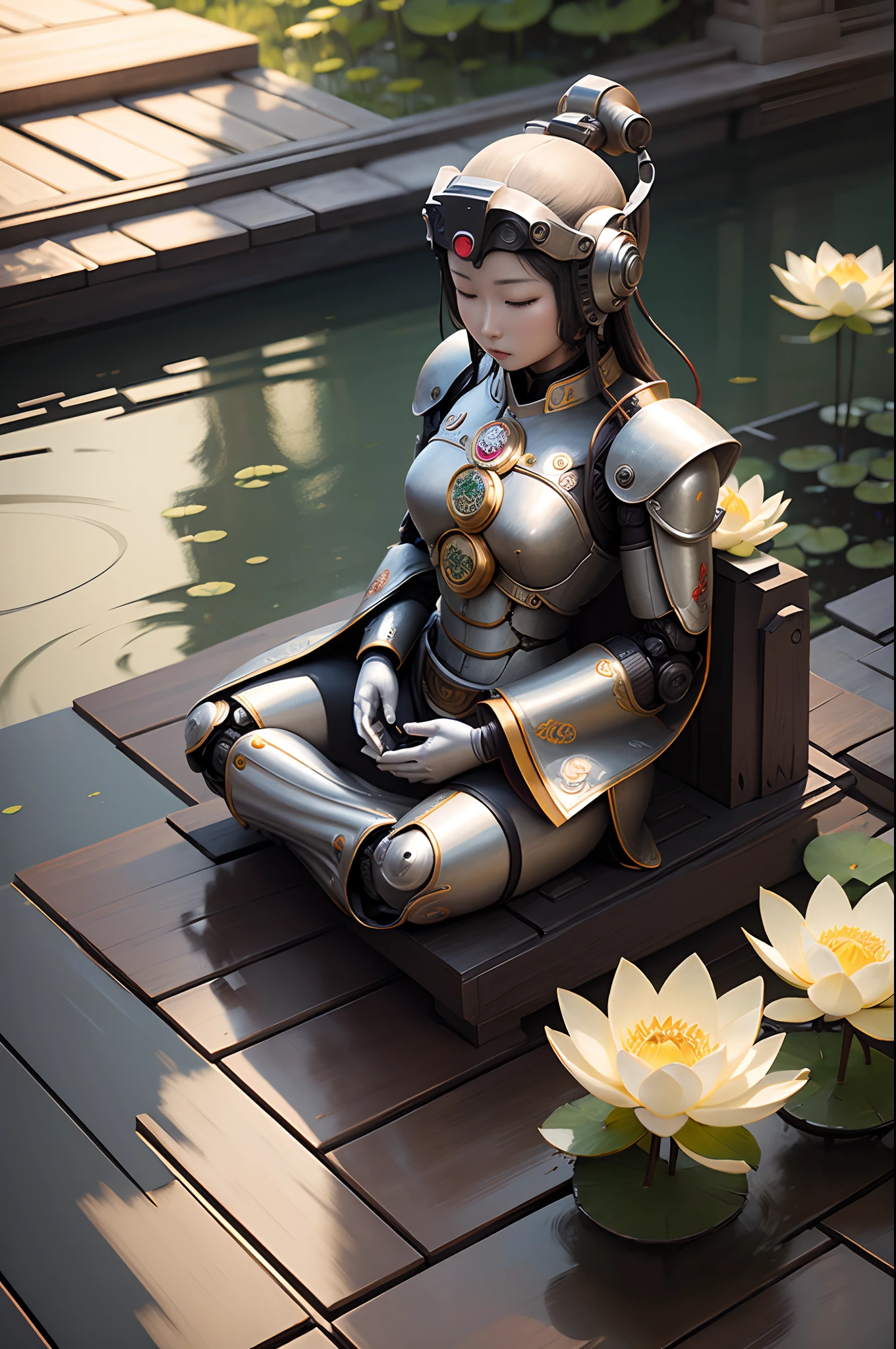 a 1000 armed quan yin robot sitting in prayer in the lotus garden, digital art h 960