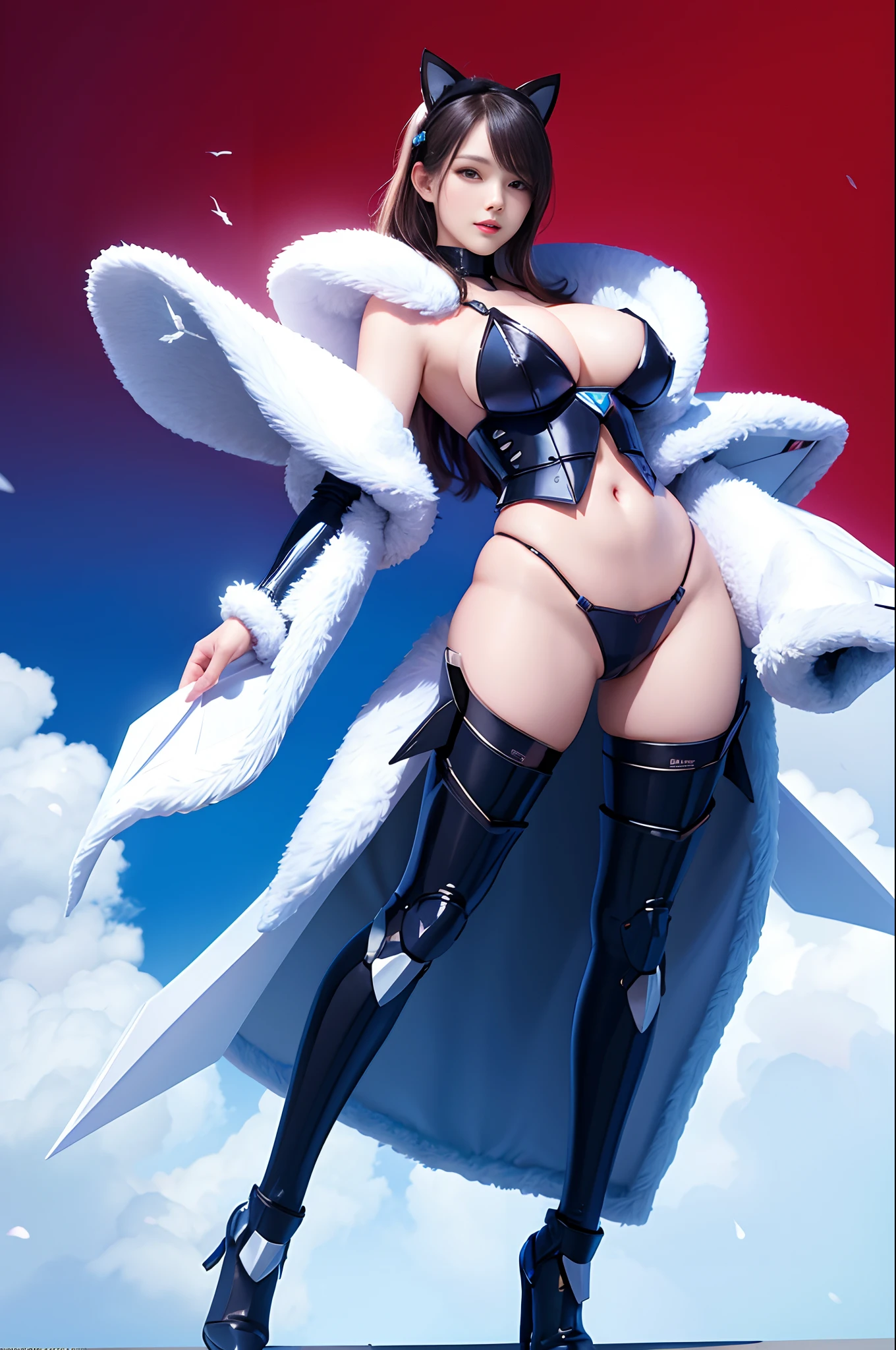 1 super cute kitten wearing origami Gundam armor,fur，huge tit，big breasts thin waist，Big fat buttocks，Long legs，full body shot shot，extreme hight detail