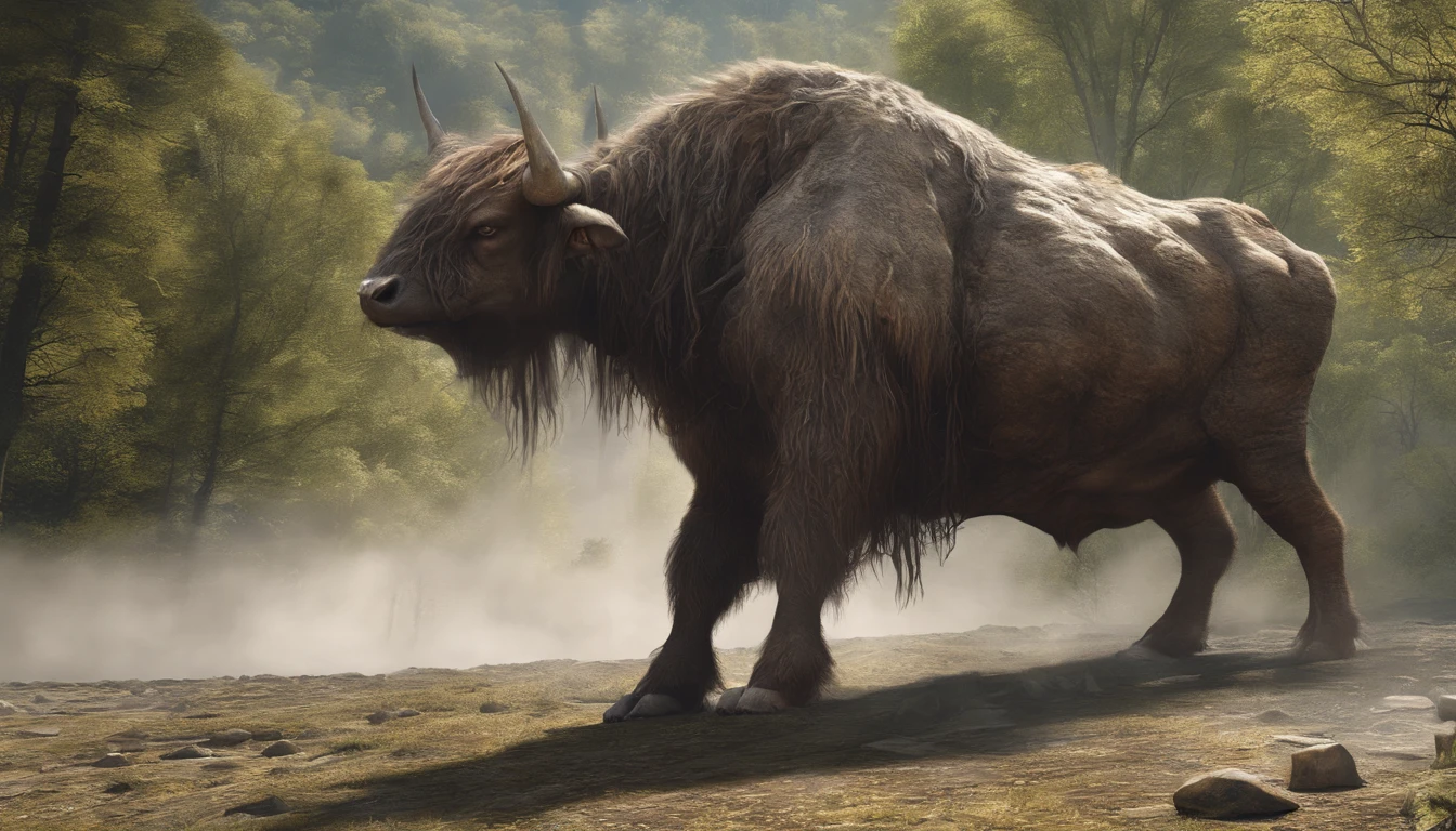 Three dangerous mountain man-eating behemoths，It looks a bit like a cow，It has four horns，It has long hair，It's like a garment draped over your body