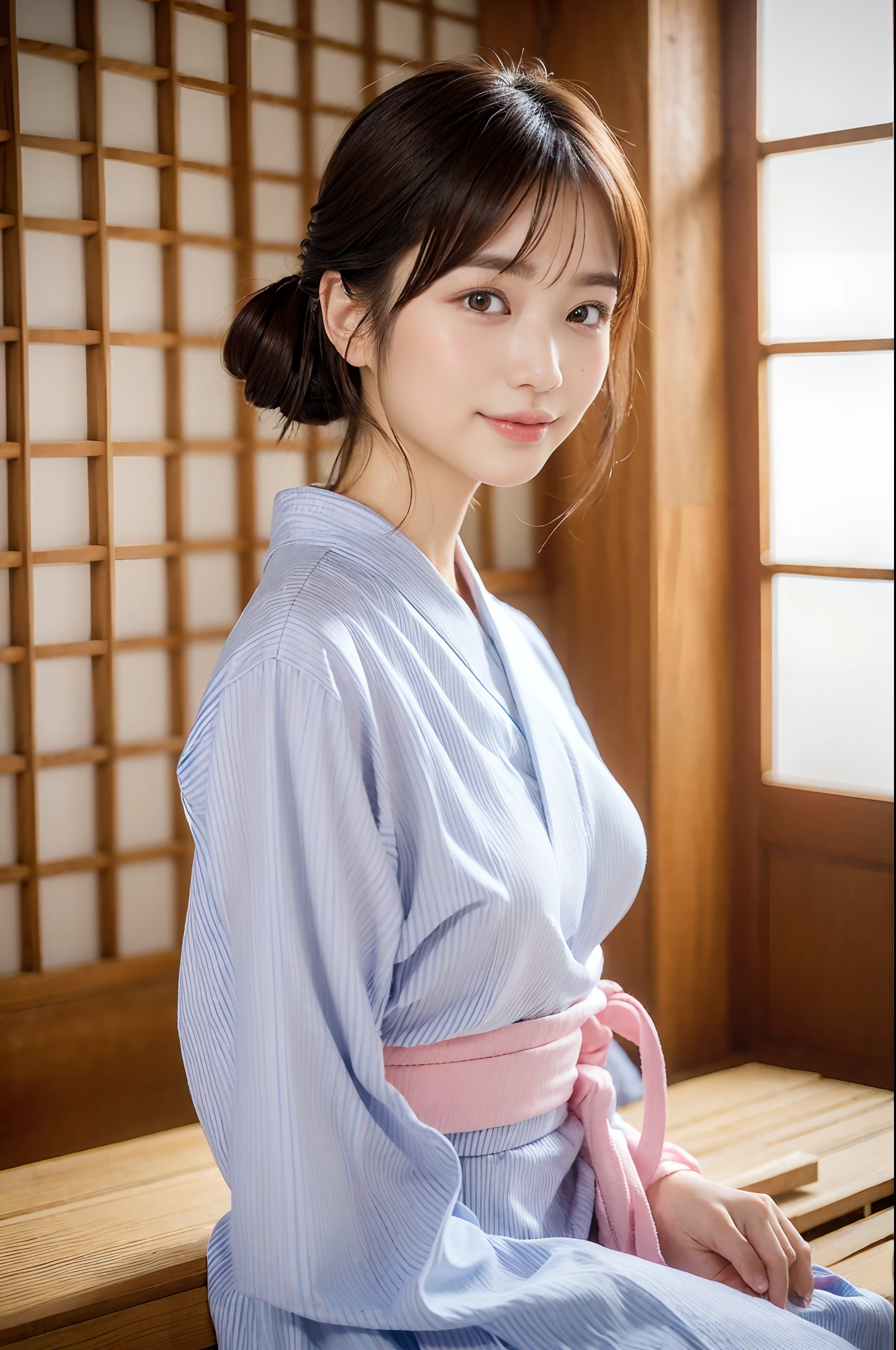 (natta:1.7), East Asian Architecture, 1womanl,Sitting on tatami mats, brunette color hair,(hair between eye), Lip flap, 、(Beautiful shiny straight short long:1.2),Beautiful fingers,Beautiful long legs,Beauty Body,Cute nose,Beautiful character design,perfect eyes,face perfect,looking at viewert,(Innocent_Big_Eyes:1.0),(light_Smile:0.3),offcial art,Very detailed CG Unity 8K wallpaper,Perfect litthing,highly colorful,Bright_front_Face_Lighting,(tmasterpiece:1.0),(best_quality:1.0), 超A high resolution,4K,ultra - detailed, photography of, 8K, nffsw, hight resolution, absurderes:1.2, Kodak Portra 400, film grains, the background is blurred, Bokeh:1.2, Lens Flare Glow, ( Vibrant_Color:1.2) (Beautiful,Large_breasts:1.4), (Beautiful_Face:1.5),(narrow_waist-up),8K,Raw photo, 、Relax at a ryokan in Japan、The background is the open-air bath at night at a hot spring inn (Girls are not subjects:1.3) (Hair after a bath:1.3),(Hair is wet:1.3) ((Girls are not subjects:1.2))((Draw a wide night background:1.2),((Yukata with light blue stripes isolated on white background:1.3)),(There is absolutely no need for gloss in the yukata.:1.3)),((Absolutely no need for Korean yukata or Korean-style hairstyle.:1.5)),((Faithfully and realistically reproduce a pure Japan yukata:1.5))((light pink bands:1.3))