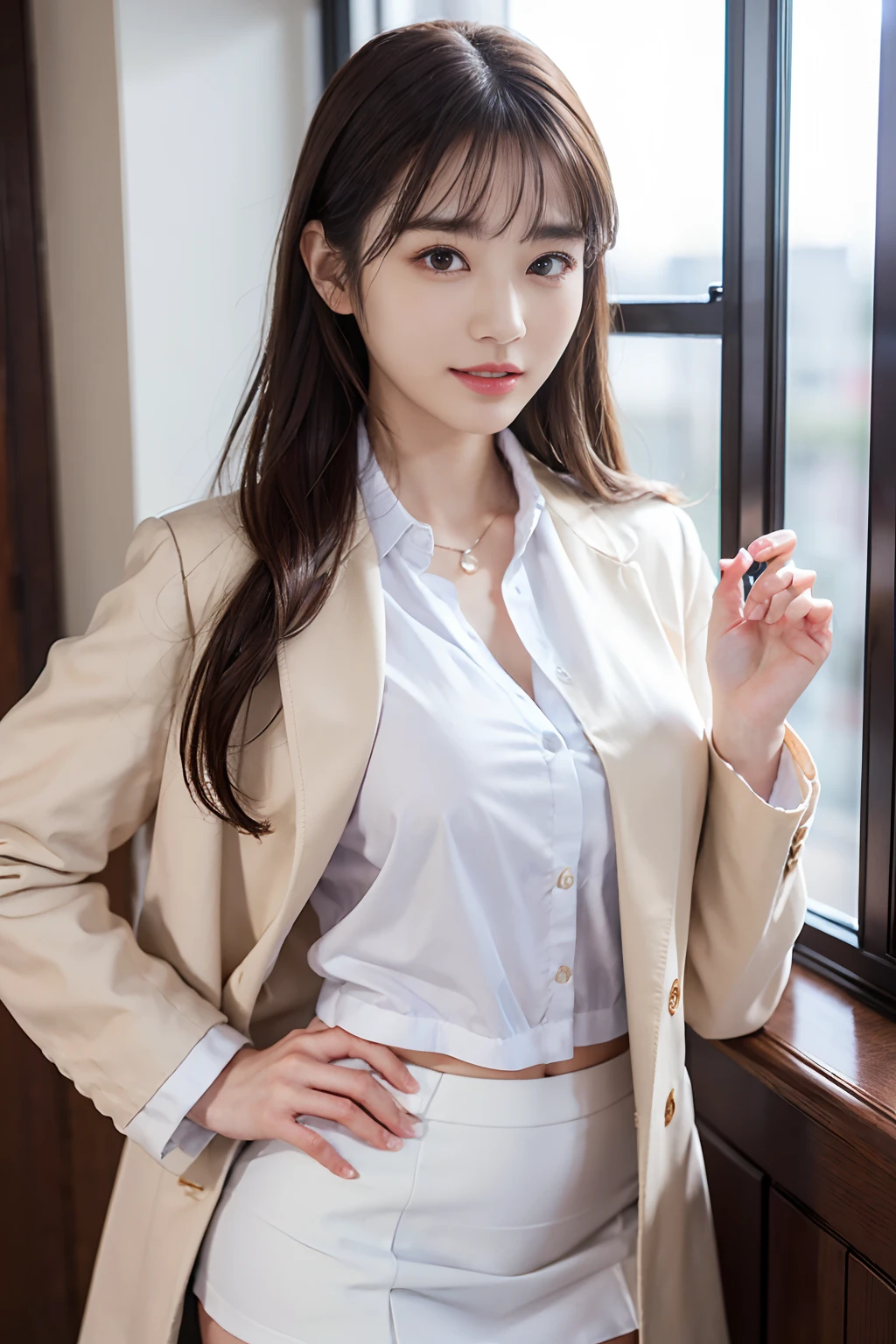 ((top-quality、masterpiece、photographrealistic:1.4、in 8K))、Beautuful Women1a person、21 、Female college student、beautiful hairl、delicate and beautiful face、Eyes and faces with detailed 、(Colossal tits:1.3)、(University Laboratories:1.2)、(White coat and shirt and miniskirt:1.2)、A smile、Beautiful lighting、Textured skin、Super Detail、high detailing、High quality、hight resolution、(looking at the viewers)、Detailed mouth、Opening Mouth、bangss、full body Esbian、window、microscope、beakers