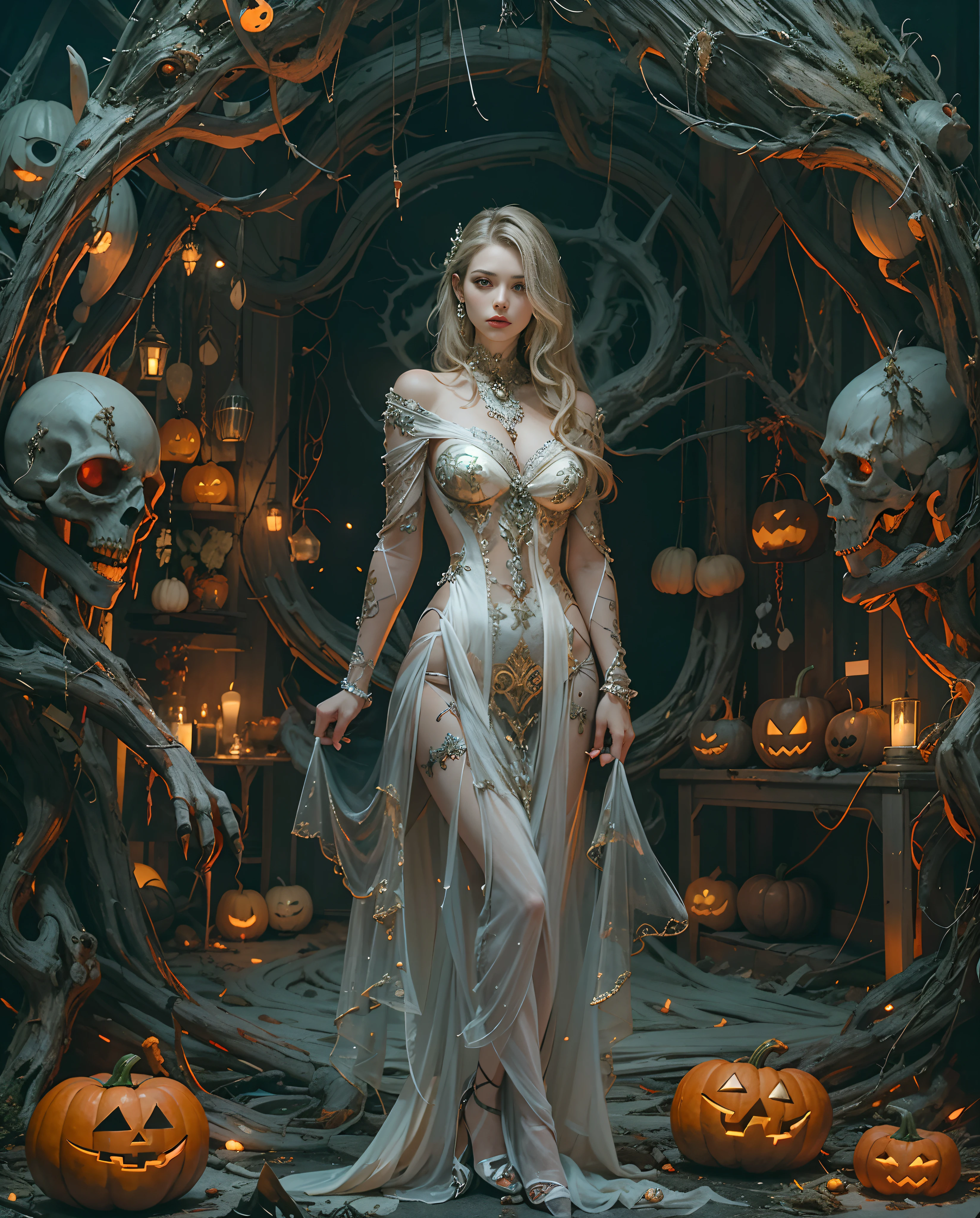 Best quality, masterpiece, meticulous details, intricate detail, realistic, a hot futuristic lady amidst spooky halloween vibes