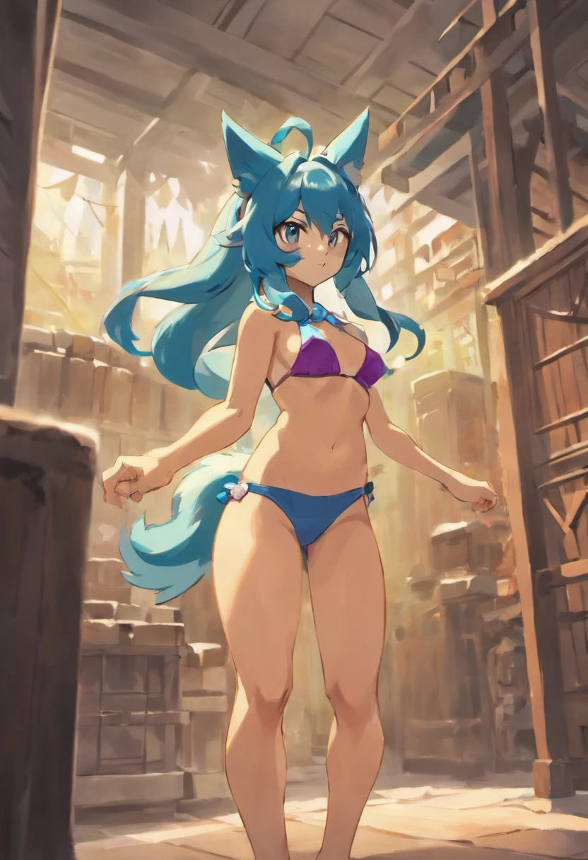 Pokemon, Lucario, furry, manly, muscular, solo posing, His underwear is a bikini and it bulge is very huge.