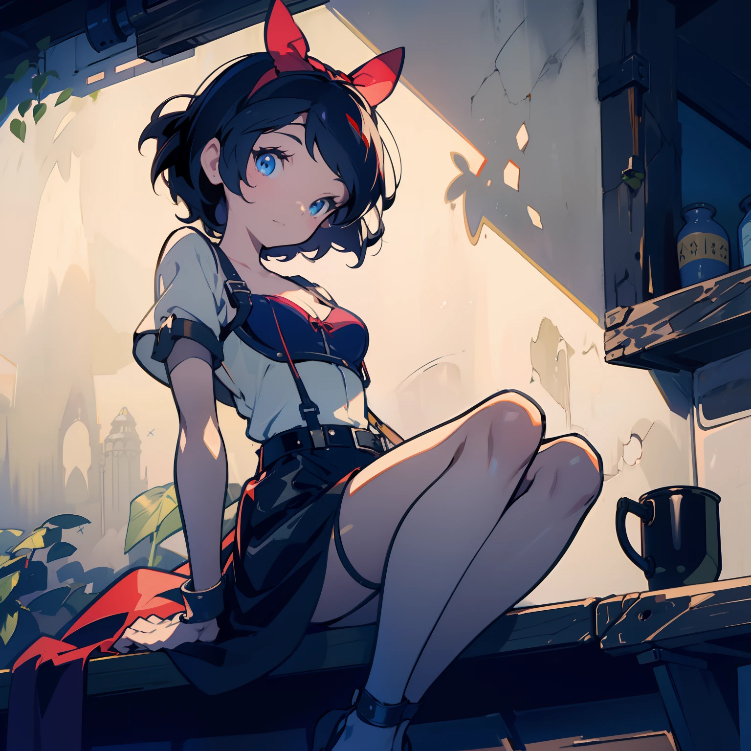 (masterpiece, best quality) ( 1girl, solo ) snow white, modern disney style, cartoon style, red bow, blue eyes, short black hair, sitting on a window sill with a black bra and cuffs, wrapped in leather straps, leather cuffs around wrists, shibari, restrained, harnesses and garters, handcuffed, handcuffs, dominant pose, sexy dominant pose, chained