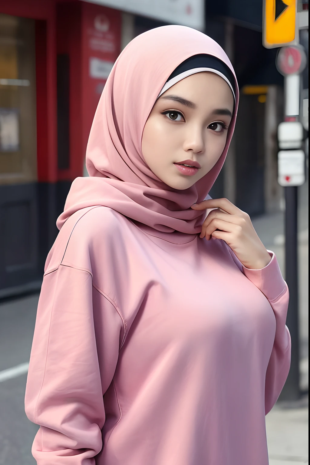 (Best quality, high resolution, masterpiece: 1.3), a beautiful malay woman in hijab, big breasts, slim figure, sweatshirt, beautifully presented details in the street and facial and skin texture, detailed eyes, double eyelids, big eyeschest visible, shirt open