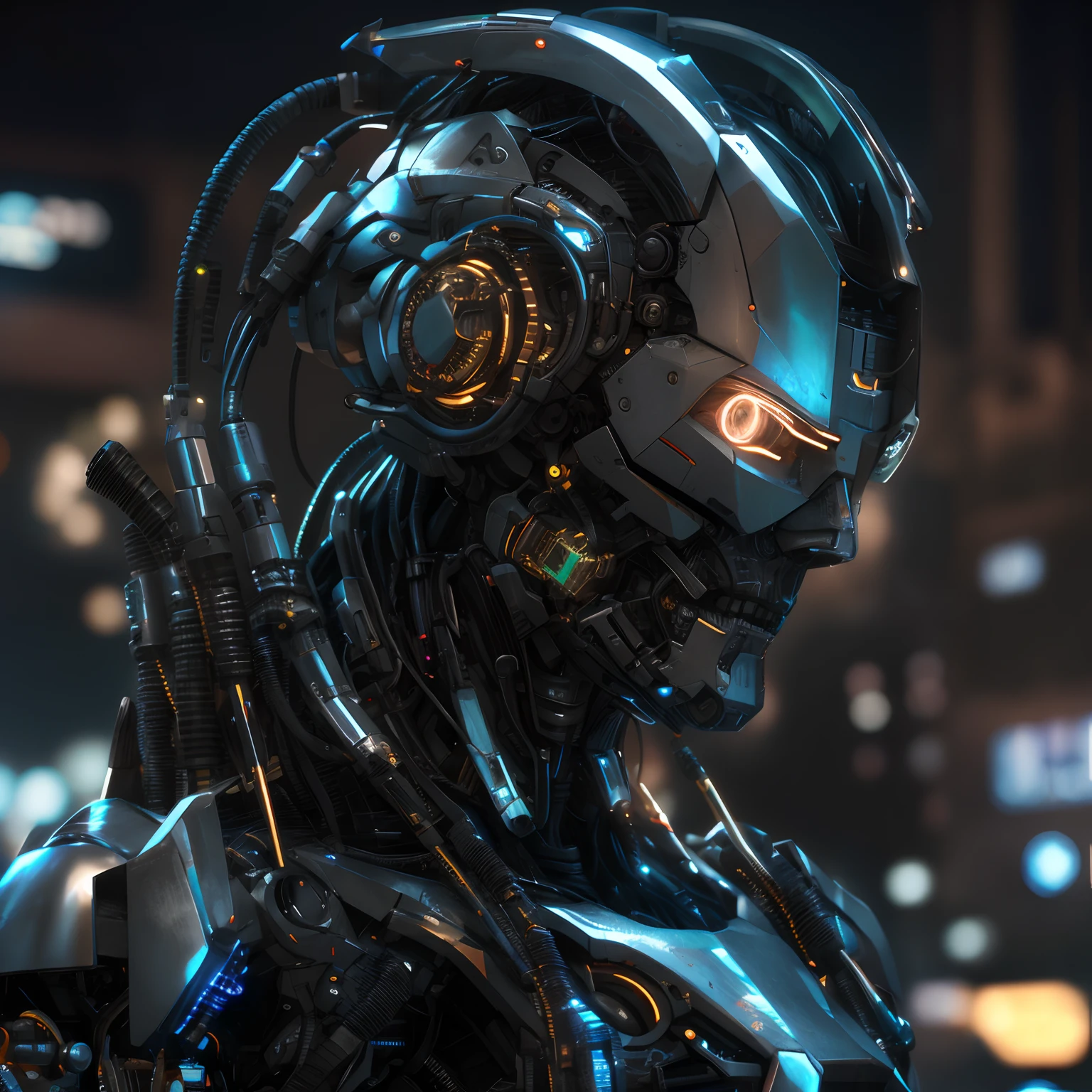 Un primer plano de un robot con una cabeza de cables, Robot cyberpunk, cybernetic and highly detailed, Retrato de un robot futurista, Arte cyberpunk ultrarrealista 8K, Retrato detallado de un cyborg, Retrato en primer plano de Cyborg, humanoide detallado, Lots of 3D cyborg elements, Cinematic 3D rendering, Profundo Cyberpunk Mechanoid, Retrato cyborg