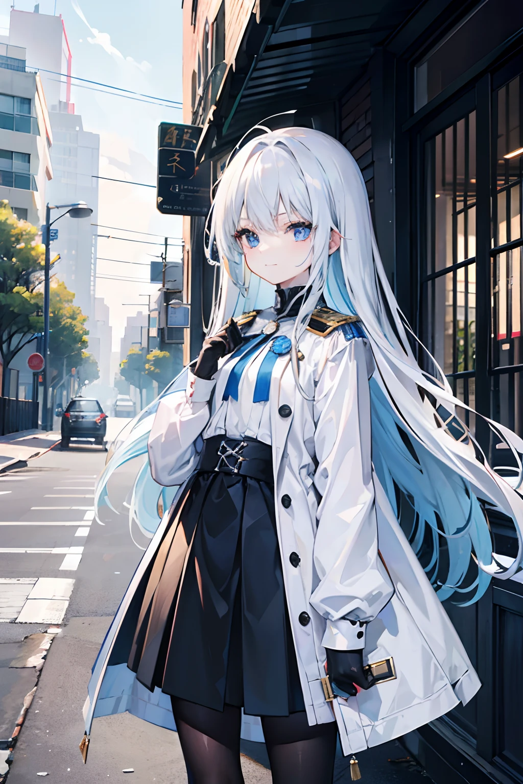 masutepiece、top-quality、ultra-detailliert、Unreal、absurderes、One lady、A slender、cool、white long hair、The girl's hair is much longer than her height、Hair long enough to drag、Blue eyes、flat chest、Military Uniform、Thick long black skirt、Black tights、white glove、black cloak、Have a Cone、street corner、Soft and gentle lighting、A slight smil