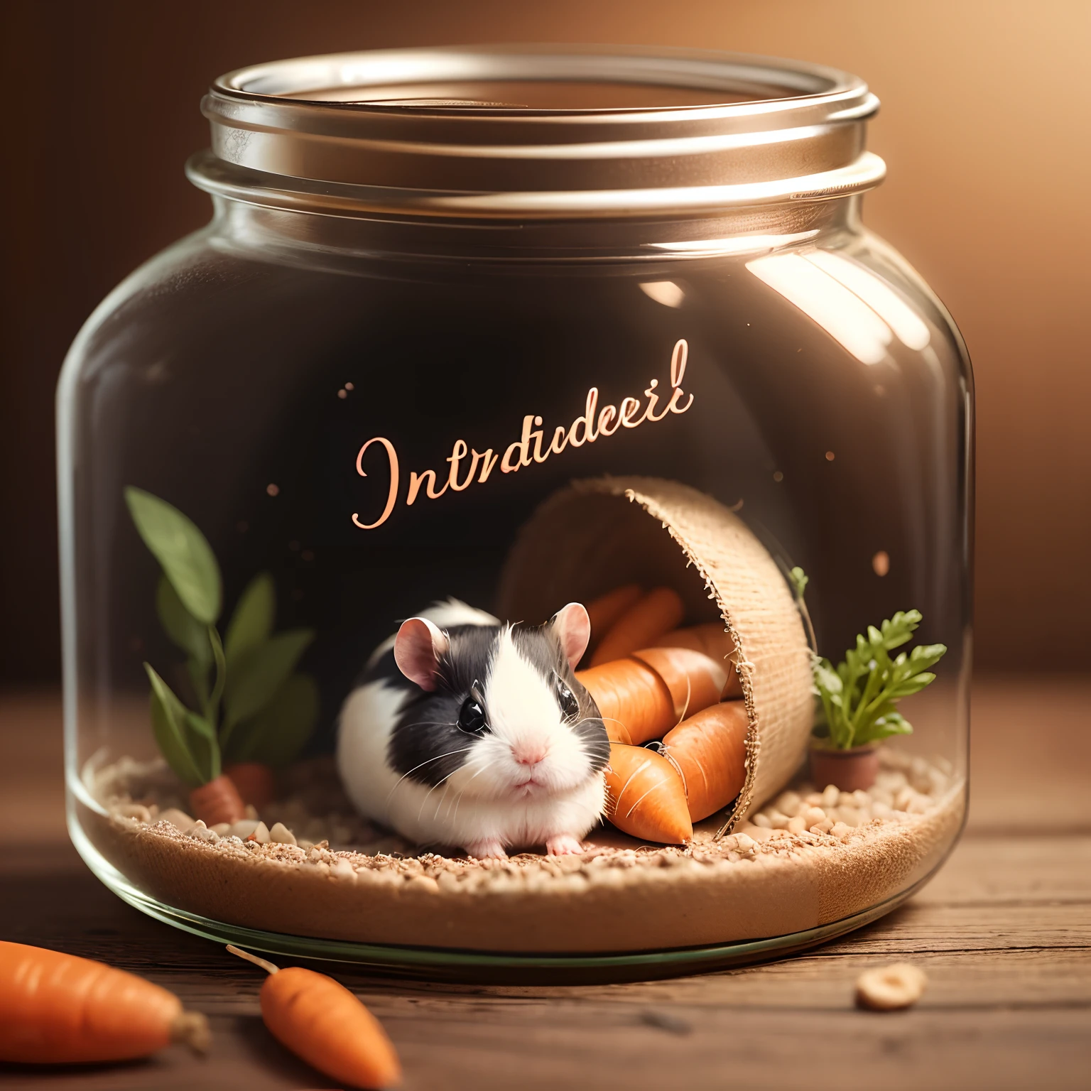 a cute tiny guinea pigs in a jar,jar with a label"antidepresants", soft fur,small creature,tiny paws, sitting, laying, jumping, sleeping rating carrot,quirky personality, various fur colors,best quality,ultra-detailed,realistic, studio lighting,bokeh,colorful background.