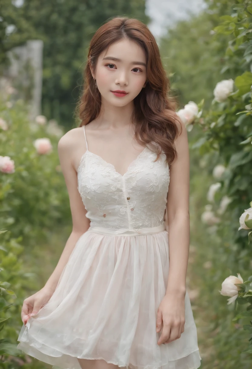 masterpiece, best quality, ultra high res, 1girl, (photorealistic:1.5), natural lighting, perfect artwork, portrait, beautiful, detailed puffy eyes, small breasts, young, detailed eyes, curly hair, light brown hair, cute, adorable, streaked hair, (aegyo sal:1), enchanting smile, necklace, full body, kpop idol, teen, Chinese, , nature, blush, red peony flower garden, peony, blossom, flower hair ornament, grass, pleated skirt, barefoot, white pleated skirt, skinny thigh