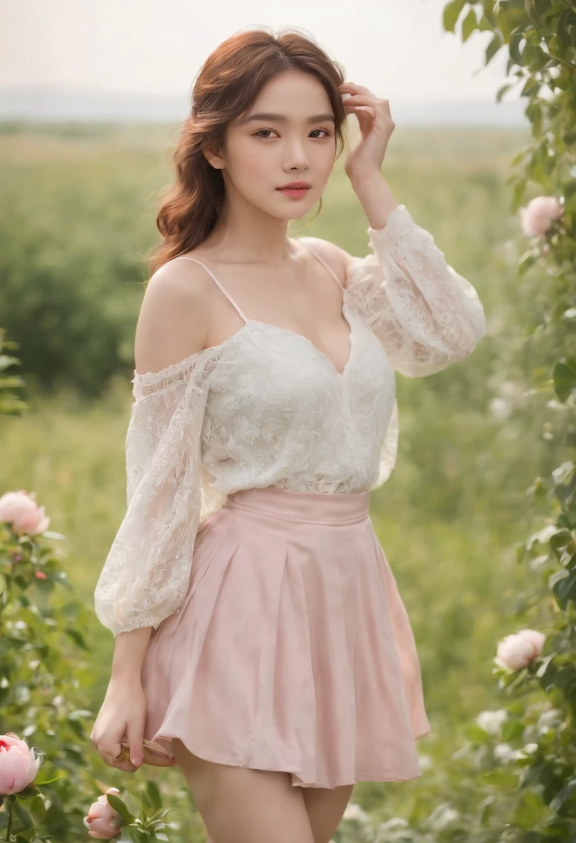 masterpiece, best quality, ultra high res, 1girl, (photorealistic:1.5), natural lighting, perfect artwork, portrait, beautiful, detailed puffy eyes, small breasts, young, detailed eyes, curly hair, light brown hair, cute, adorable, streaked hair, (aegyo sal:1), enchanting smile, necklace, full body, kpop idol, teen, Chinese, , nature, blush, red peony flower garden, peony, blossom, flower hair ornament, grass, pleated skirt, barefoot, white pleated skirt, skinny thigh