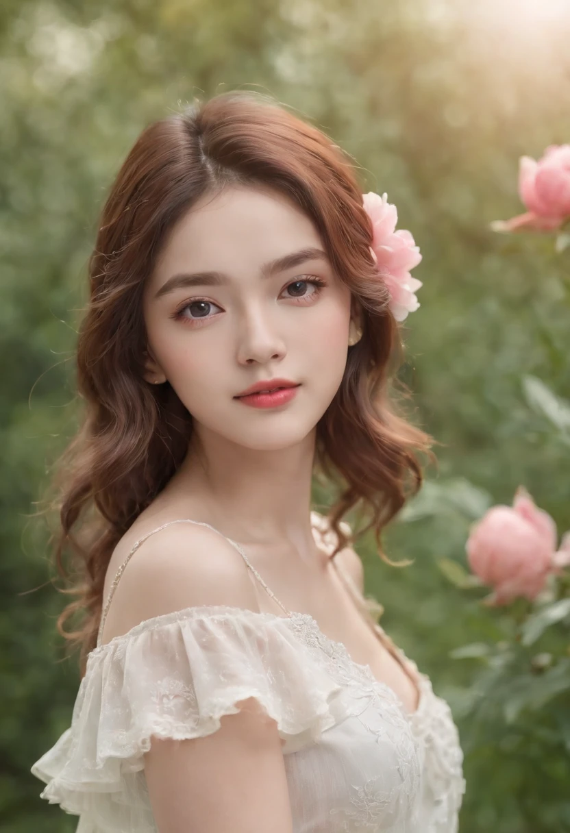 masterpiece, best quality, ultra high res, 1girl, (photorealistic:1.5), natural lighting, perfect artwork, portrait, beautiful, detailed puffy eyes, small breasts, young, detailed eyes, curly hair, light brown hair, cute, adorable, streaked hair, (aegyo sal:1), enchanting smile, necklace, full body, kpop idol, teen, Chinese, 16 years old, nature, blush, red peony flower garden, peony, blossom, flower hair ornament, grass, pleated skirt, barefoot, white pleated skirt, skinny thigh