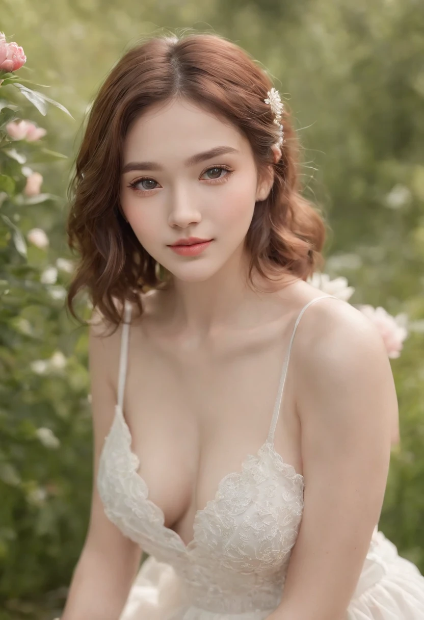 masterpiece, best quality, ultra high res, 1girl, (photorealistic:1.5), natural lighting, perfect artwork, portrait, beautiful, detailed puffy eyes, small breasts, young, detailed eyes, curly hair, light brown hair, cute, adorable, streaked hair, (aegyo sal:1), enchanting smile, necklace, full body, kpop idol, , Chinese, 16 yture, blush, red peony flower garden, peony, blossom, flower hair ornament, grass, pleated skirt, barefoot, white pleated skirt, skinny thigh