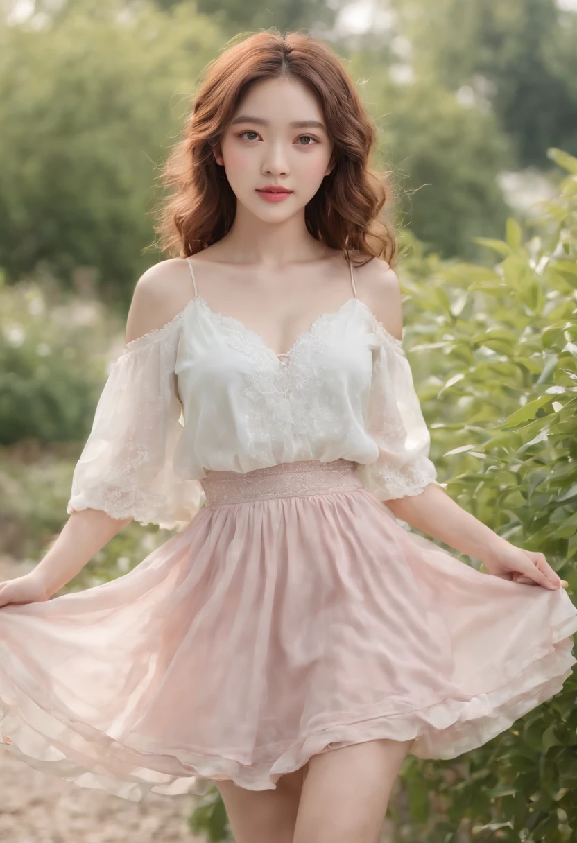 masterpiece, best quality, ultra high res, 1girl, (photorealistic:1.5), natural lighting, perfect artwork, portrait, beautiful, detailed puffy eyes, small breasts, young, detailed eyes, curly hair, light brown hair, cute, adorable, streaked hair, (aegyo sal:1), enchanting smile, necklace, full body, kpop idol, teen, Chinese, 16 years old, nature, blush, red peony flower garden, peony, blossom, flower hair ornament, grass, pleated skirt, barefoot, white pleated skirt, skinny thigh