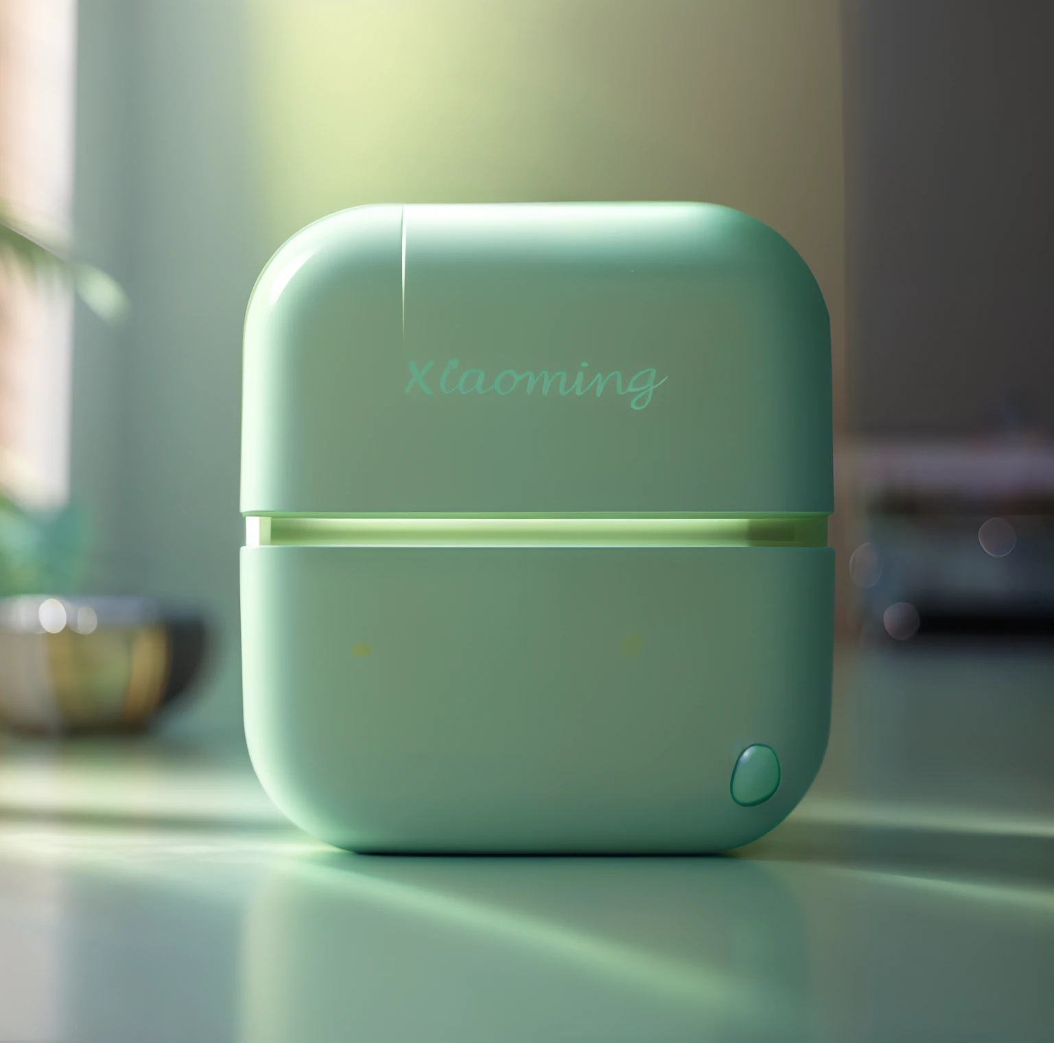 (best quality,4k,8k,highres,masterpiece:1.2),ultra-detailed,realistic:1.37,physically-based rendering,professional,vivid colors,bokeh,portrait,gradient light green and mint green,airpods case in shades of blue and green,Jia,Shaxi,Kidomo,Zhimin,faintest mint green,gently gradient light green,HDR,morning sunlight,green and pink,flourishing,dining table