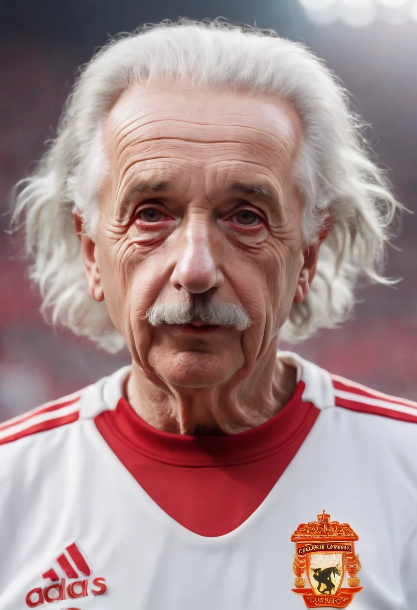 ((((Albert Einstein)))), ((((wearing white and red uniform on field with soccer ball))))), looking at viewer, Full body portrait, hyper detailed POV, rich colors, hyper realistic, lifelike texture, dramatic lighting, standing in a soccer Stadium, detailed symmetric realistic face, extremely detailed natural texture, extremely detailed, amazing, fine detail, photo realistic, RAW photo, high quality, highres, sharp focus, extremely detailed, cinematic lighting, Top image quality, hight resolution, (((full body))), play along the stadium, Ball, (((see the whole body))), dramatic lighting, hdr