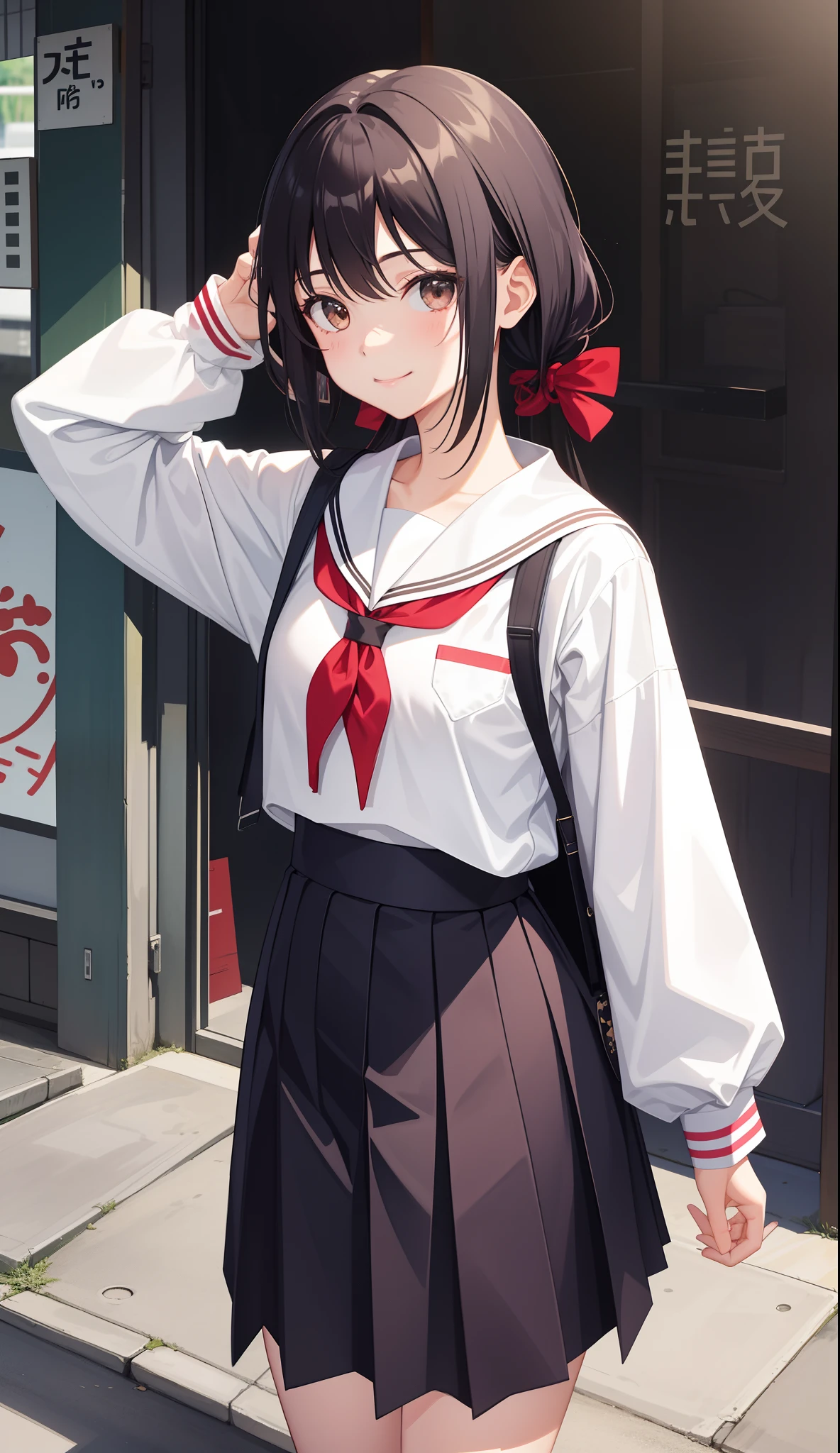 1girl in、AS-Adult、A smile、The shirt、skirt by the、(small tits)Japan High School、校服、serafuku、Walking with a thigh、Upper body portrait、