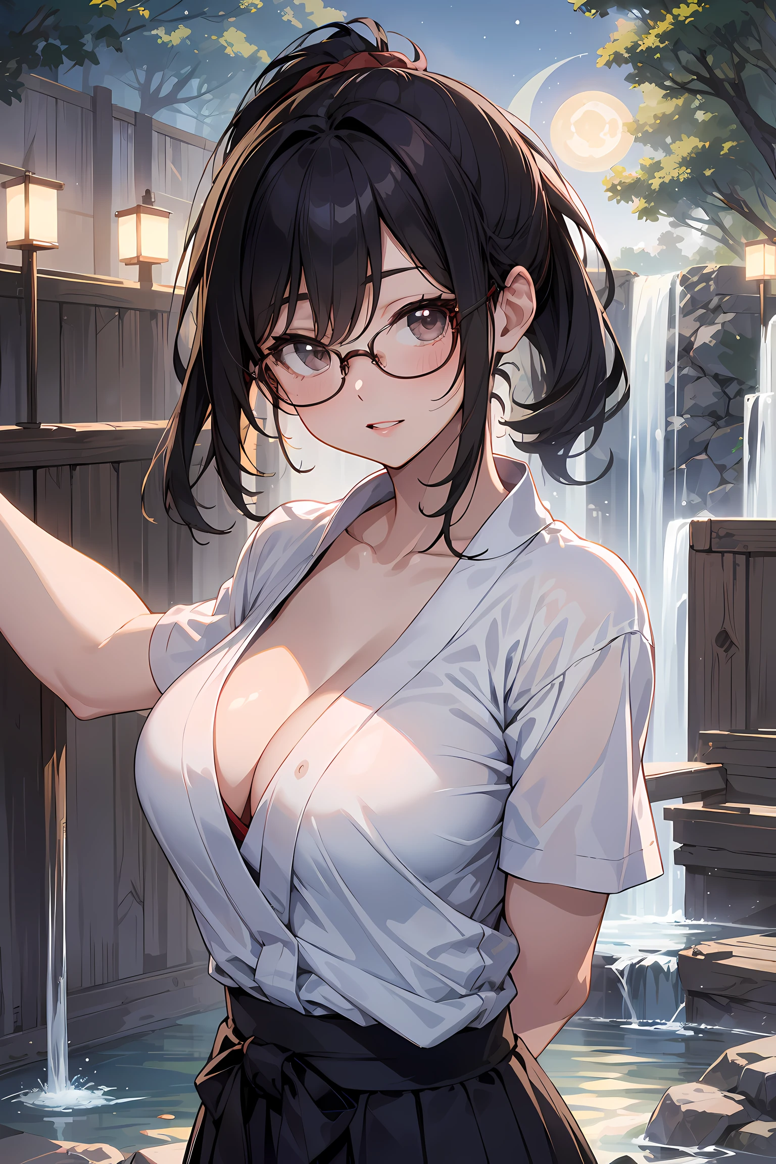 (Go inside the waterfall:1.3), (reaching out against the viewer:1.5), high resolution, Photo of a beautiful woman detailed_face, young handsome girl,realistic:0.5, perfect skin, (wearing a glasses:1.5), from behind:1.5, (ultra-detailed background, detailed background), bokeh, make happy expressions, happy emotion, gorgeous,pure, beautyfull detailed face and eyes,breasts, (black eyes:1.1), (a extremely pretty and beautiful Japanese woman), (sexy girl), (professional attire:1.3), (22 years old: 1.1), BREAK, (lovely outfit:1.2), (detailed miko outfit:1.2), (white dogi:1.2), (red hakama:1.2))), cleavage, beautiful detailed skin, (cute:1.2), (black hair), ((jpop idol)), (upper thigh:0.6), (depth of field),soft light, Lens Glow looking at viewer, (Drooping eyes:1.2), straight teeth,smile, floating hair, (black hair:1.2), brown eyes BREAK movie scene, cinematic, full colors, 4k, 8k, 16k, RAW photo, masterpiece, professionally color graded, professional photography, high school girl, hair up, , soft clean focus, realistic lighting and shading, (an extremely delicate and beautiful art)1.3, elegant,active angle,dynamism pose BREAK (ponytail:1.3), (shiny-black thin hair:1.2), bangs, dark brown eyes, beautiful eyes, princess eyes, (big eyes:1.3), bangs, wearing a glasses:1.3, Hair between eyes, short hair:1.3, (slender:1.1), (medium-breasts:0.95), (thin waist: 1.15), (detailed beautiful girl: 1.4), Parted lips, Red lips, full-make-up face, (shiny skin), ((Perfect Female Body)), (upper body image:1.3), Perfect Anatomy, Perfect Proportions, (most beautiful Korean actress face:1.3, extremely cute and beautiful Japanese actress face:1.3), ,(1glasses girl:1.3, solo), ,(blush:1.1), gray background, solo focus, (bust shot:1.2), cinematic light, (nostalgic night scene:1.4), (waterfall:1.4), (moon light:1.3), (arms down:1.4), (looking at viewer:1.2), (in water:1.3), (under waterfall:1.3),