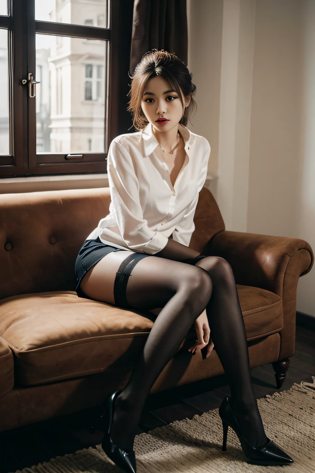 one-girl,Sit on a comfortable sofa,Cross ed leg,Soft light，wearing silk stockings，Wear a shirt ，Wear high heels，