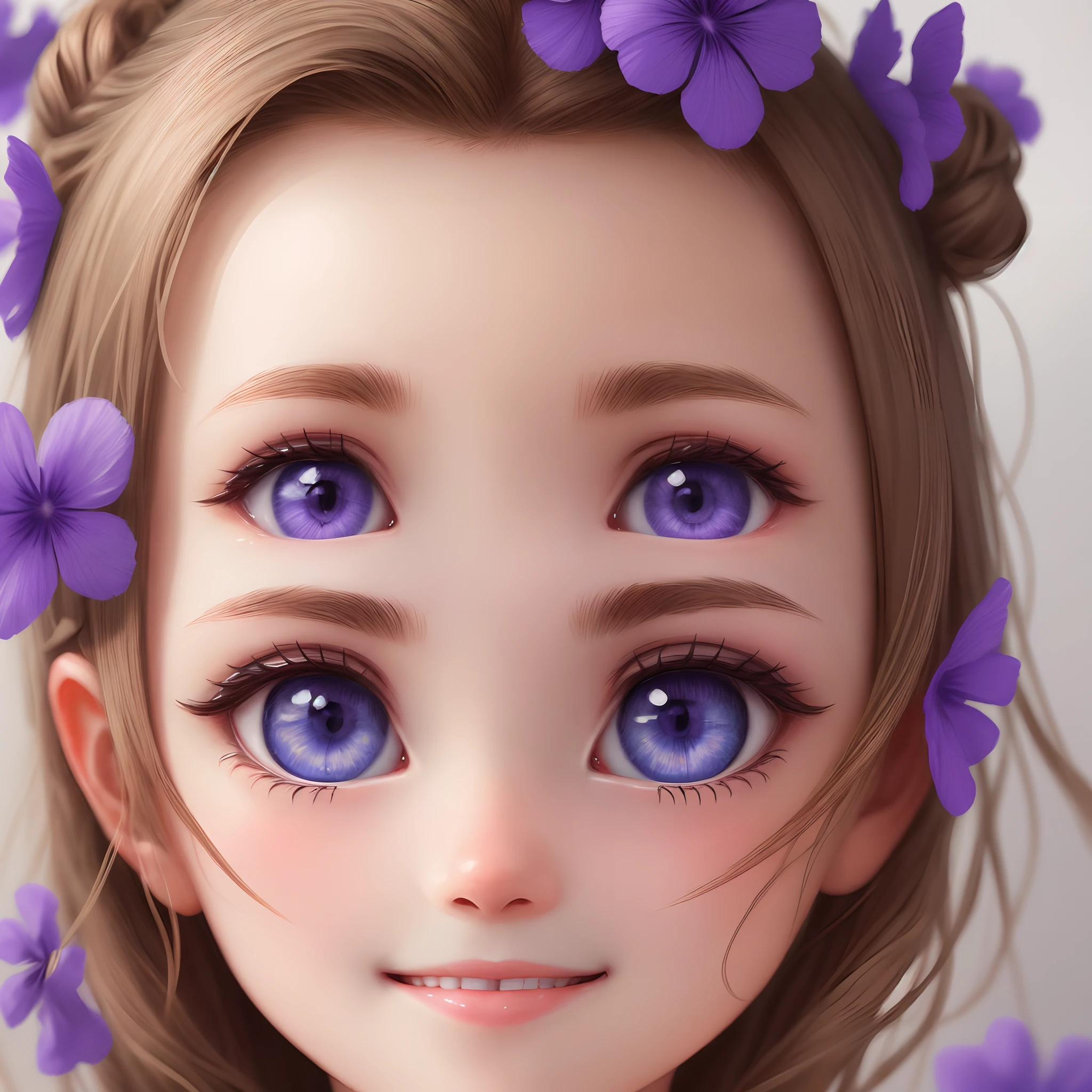 Master part, Best quality, ultra-detailed, illustration, fille,Seul, fleur, Regarder le spectateur, yeux violets, Yeux de bijou, extremely detailed eyes, extremely detailed face, corps chaud, sourire suggestif, Prendre un selfie