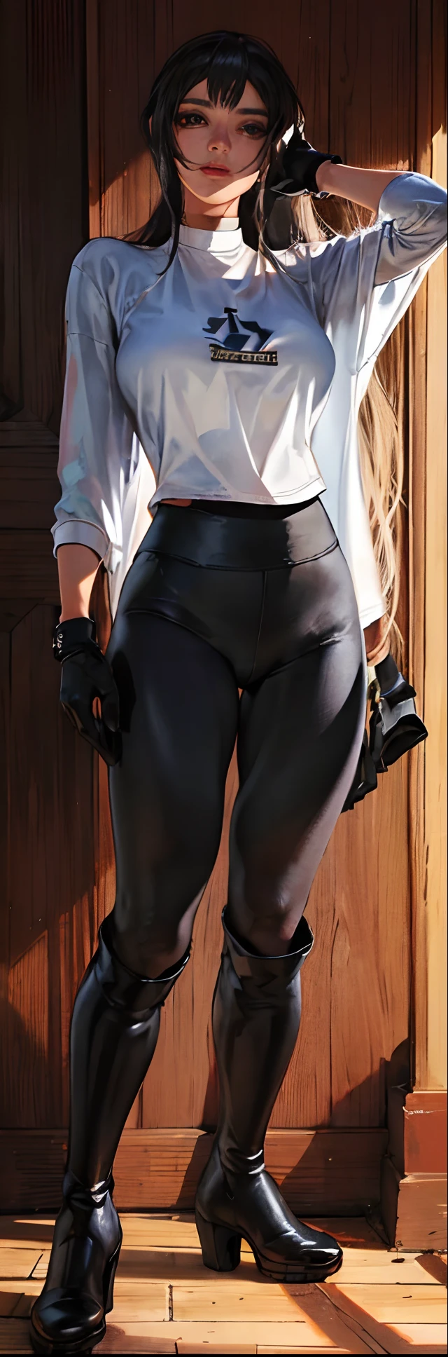 (highest resolution, distinct_image) best quality, a woman, solo, masterpiece, highly detailed, semi realistic, black cropped, black hair, bangs, 18 years old, mature, young, tall strong, uniform, military uniform,indoor background, cold, serious, tall, handsome, autocratic, powerful, exquisite facial features, exquisite facial features, (full body)(black knee-high boots:1.4)(dominatrix:0.3)(white Yoga pants:1.3),(gloves:1.5)(long sleeves),(active sportswear shirt),(princess Zelda),solo,1girl,(looking at viewer),(from below:0.33)(head turned upwards:0.3)