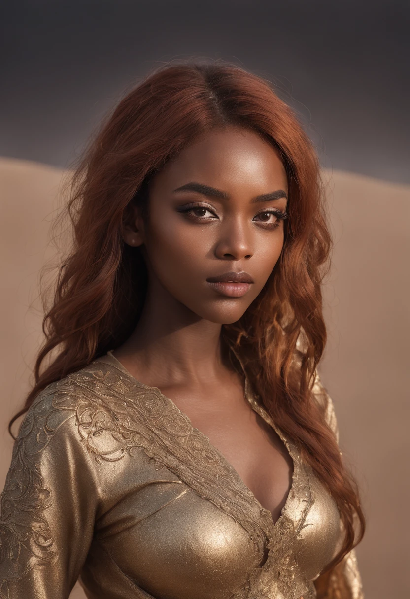 Photo, Raw, [bokeh], shallow DOF, sharp eyes focus , redhead, thicc body, full body shot, alone, ((30 year old black woman )), (((ultra realistic detailed eyes))), intricate eye details, cute smile, sweaty, wearing medieval copper plate armor , model shoot pose, ultra skin texture, ((ultra skin details)), skin imperfections, intricate details, ( sitting in dark sand dunes  ), long messy hair, fog, volumetric lighting, ((streaking light across face)), hair light, bloom, golden hour, dark shadows, visually interesting , low key, ultra realism