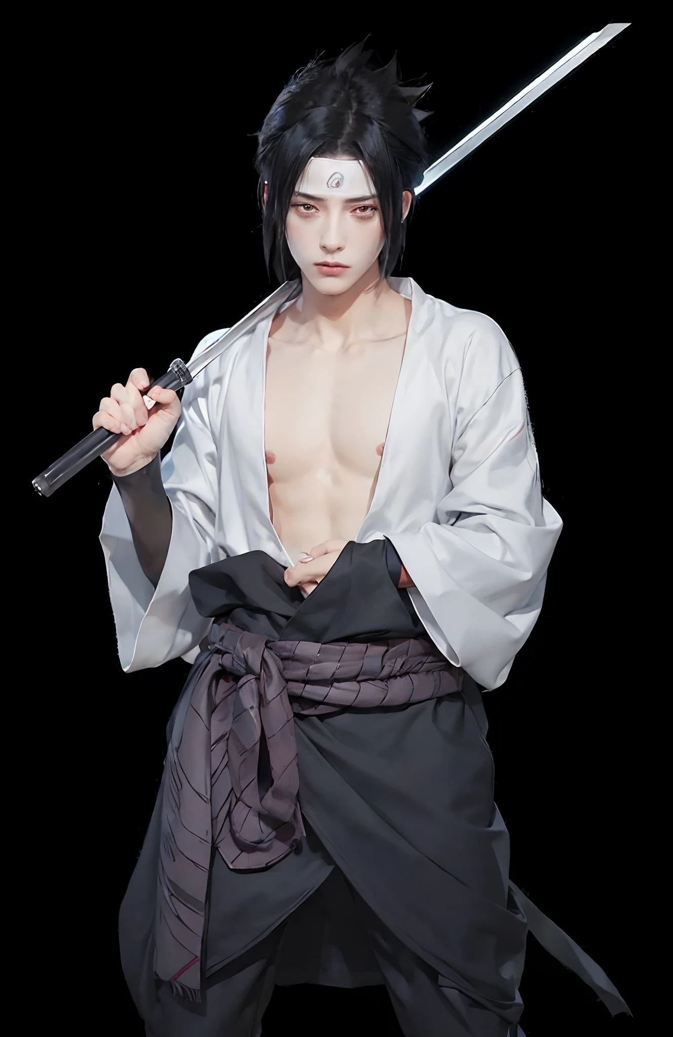 1man, uchiha sasuke in anime naruto shipudden, short hair , black hair, red ligth eyes, handsome, white clothes, realistic clothes, detail clothes, city background, ultra detail, realistic