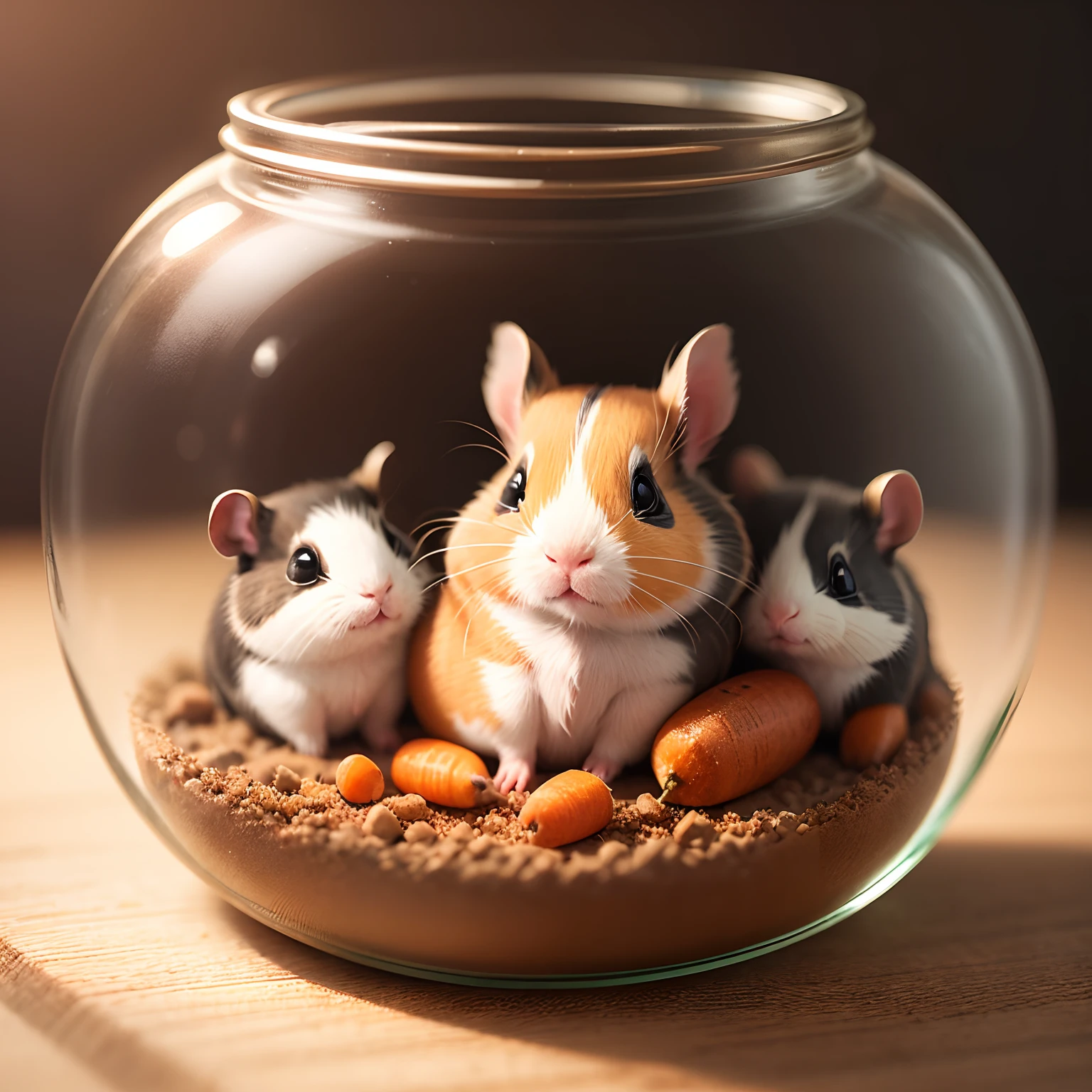 a cute tiny guinea pigs in a jar, soft fur,small creature,tiny paws, each Guinea pig in a different pose, sitting, laying, jumping, sleeping, eating carrot,quirky personality, various fur colors,best quality,ultra-detailed, studio lighting,bokeh,colorful background.