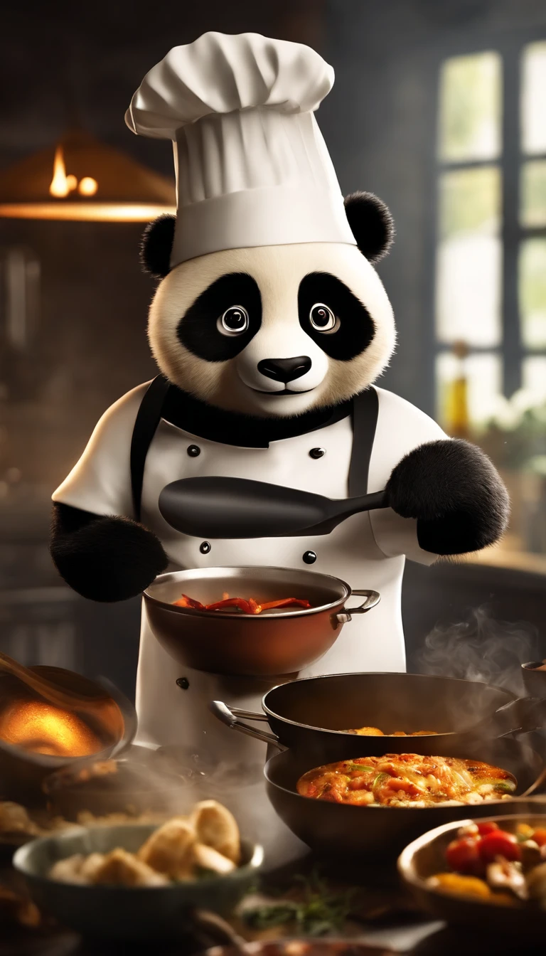 pandas,Panda in chef's hat,Panda cooking,saucepan,Stir-fry,Flames,smog