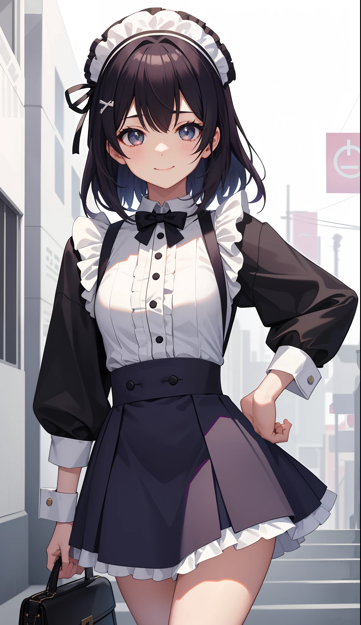 1girl in、AS-Adult、A smile、The shirt、Ultra mini skirt、pantiy、(small tits)、doress、pinafore、Hair decoration、(Maid costume)、Walking with a thigh、Upper body portrait、